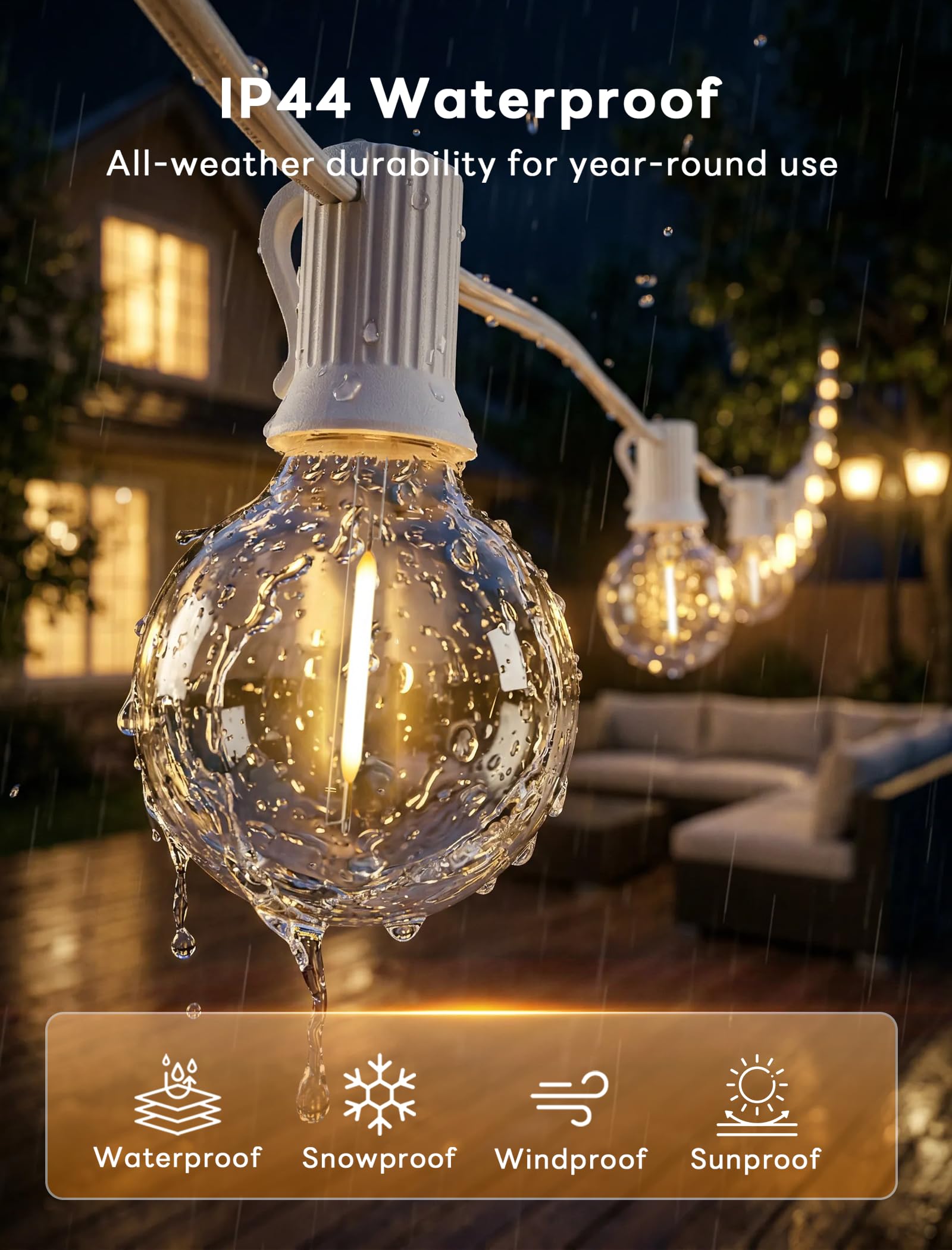 Abeja LED-Lichterkette für den Außenbereich, 7,6 m, Kugel-Lichterkette mit 27 bruchsicheren, transparenten LED-Lampen (2 Ersatz), hängende Terrassen-Lichterkette für Hinterhof, Bistro, Party, Hof