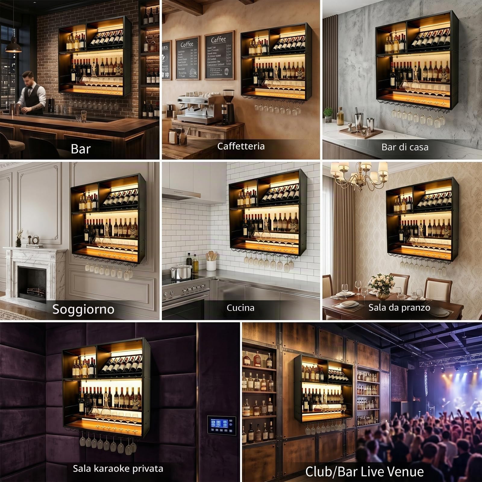 Portabottiglie da Vino a Parete con LED, Industriale 4 Livelli Scaffale Vino in Metallo e Legno con Portabicchieri, Grande Espositore Multifunzione Scaffale Portavino per Bar Ristorante (black, 100cm)