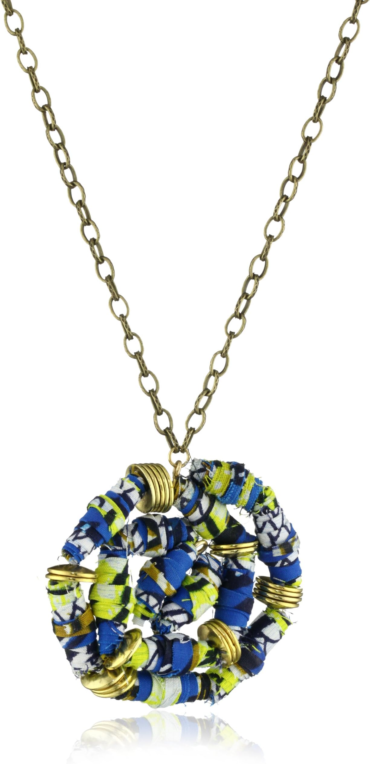 Double Happiness Jewelry "African Safari" Blue Wax Cloth Circle Pendant Necklace Brass Necklace