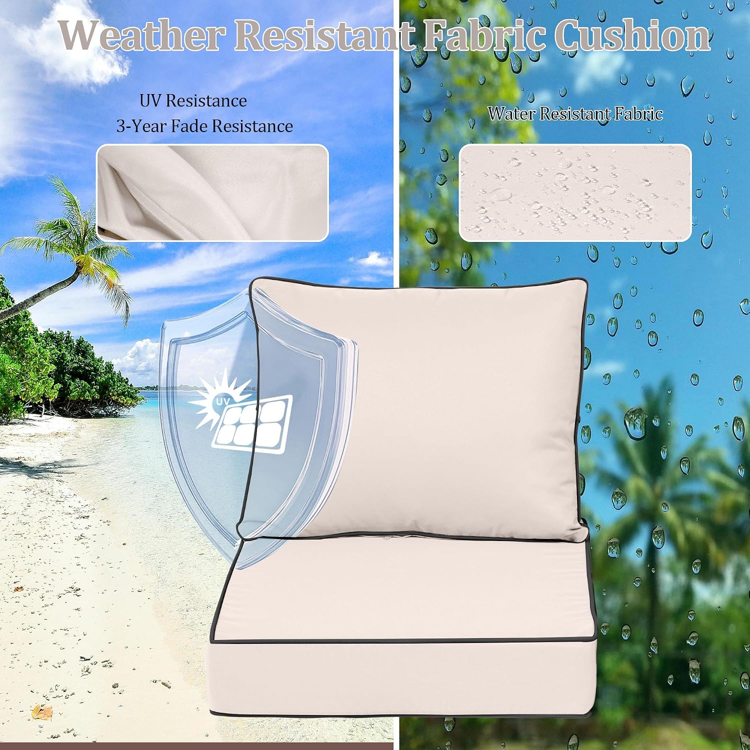 Deep Seat Patio Cushions 24 x 24 Inch Waterproof Outdoor Chair Cushions Set of 4 Loveseat Cushions for Outdoor Furniture 4" Thick Patio Furniture Cushion with Handle Straps, Cream Black Pipes