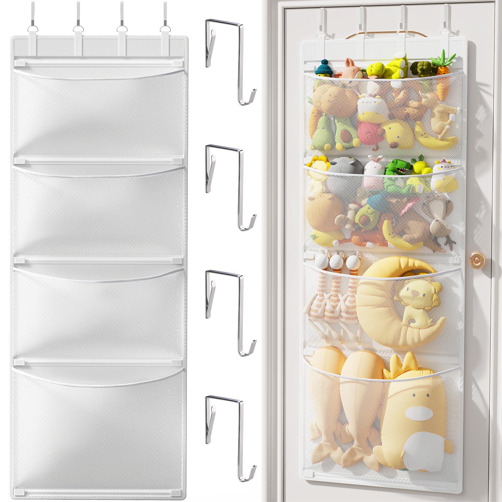 Criusia Stuffed Animal Storage Over The Door Organizer with 4 Mesh Pockets Toy Organizers and Storage for Nursery