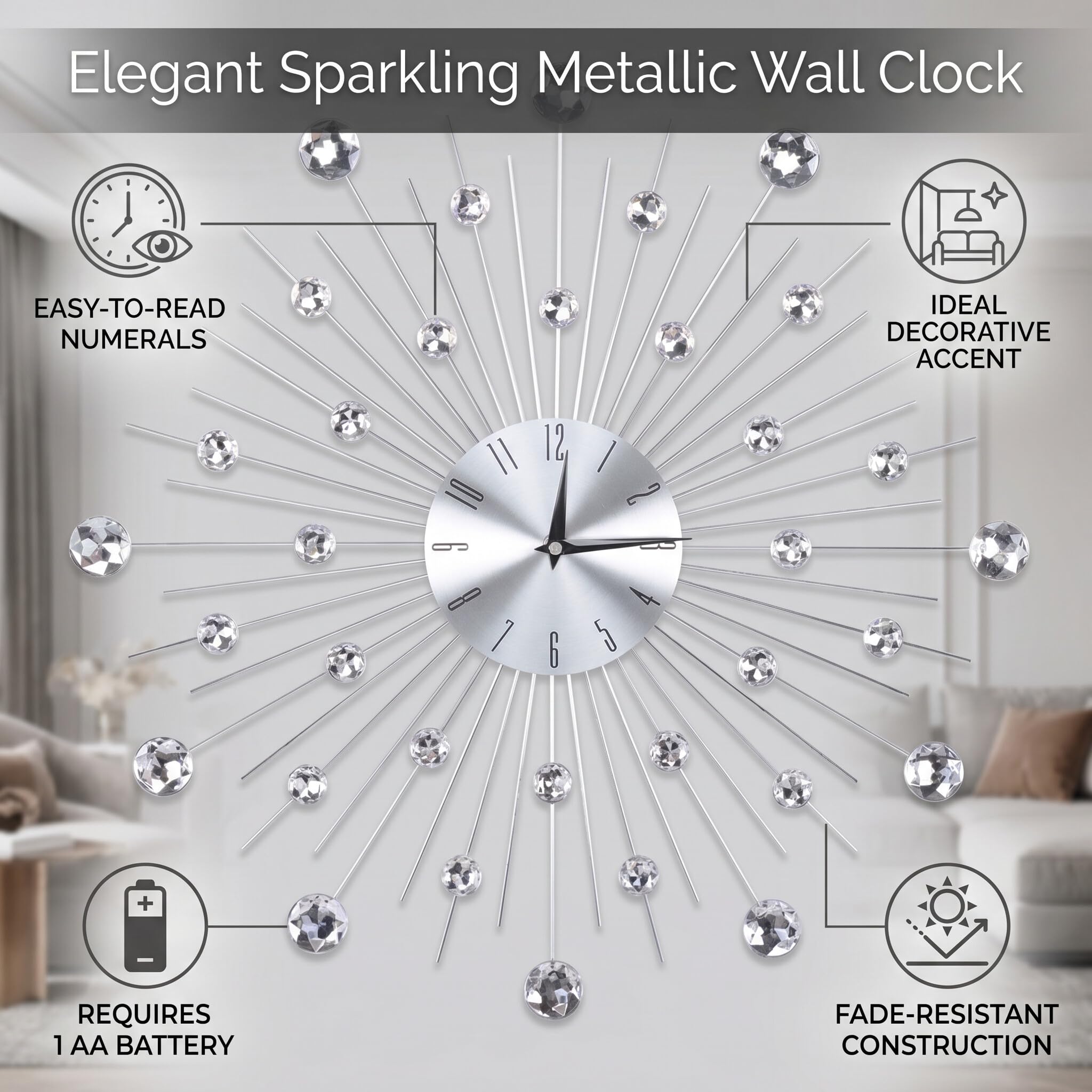 Haofy Orologio da Parete in Metallo con Diamanti, Silenzioso Senza Ticchettio, Quadrante Grande Leggibile da Ogni Angolazione, Decorazione Moderna per Soggiorno, Ufficio, Camera da Letto