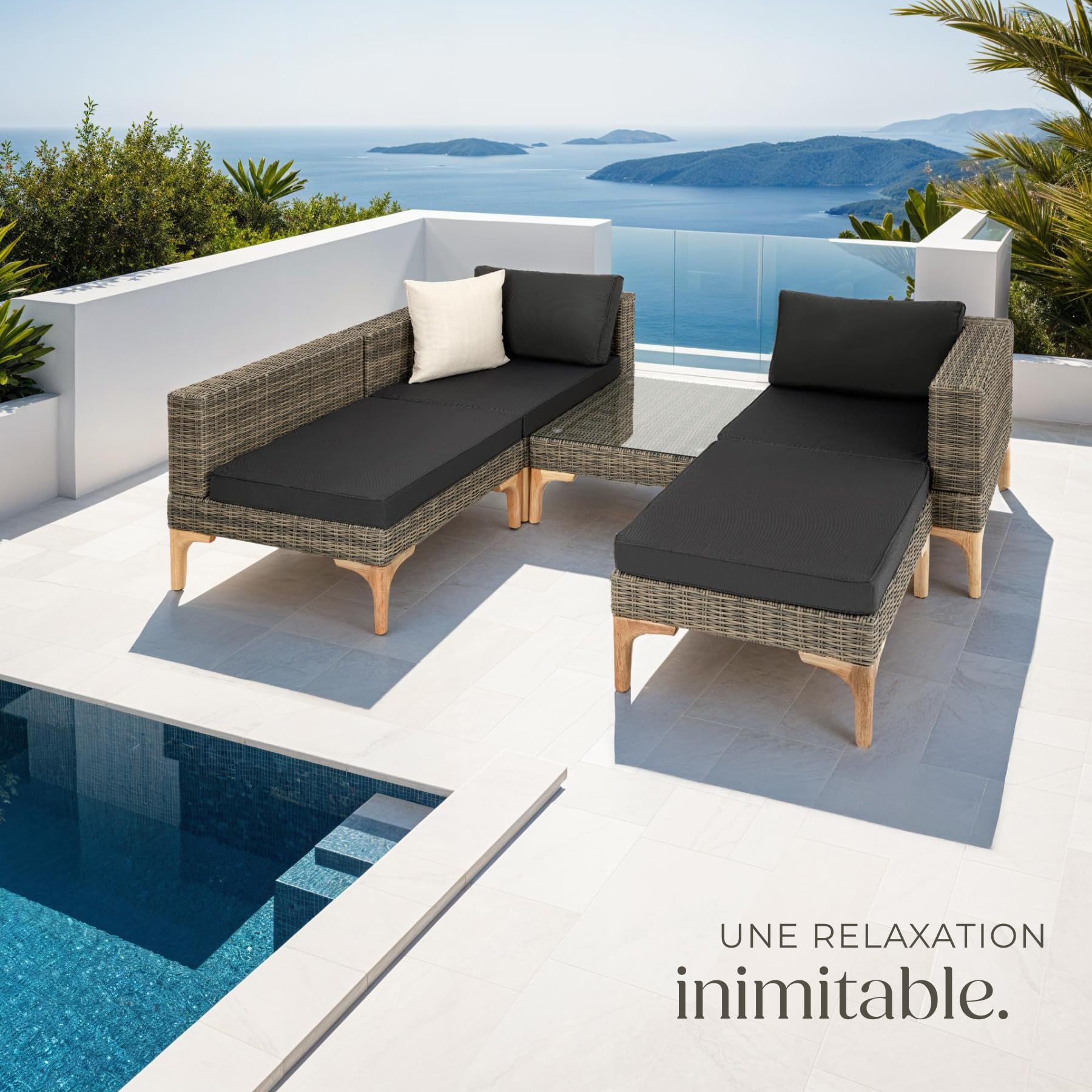 tectake® Ensemble Salon de Jardin Exterieur en Poly Rotin Modulable Bain de Soleil 4 Places 1 Canapé 1 Tabouret Pouf et 1 Table de Jardin, Mobilier de Jardin pour Amenagement Balcon Terrasse Veranda