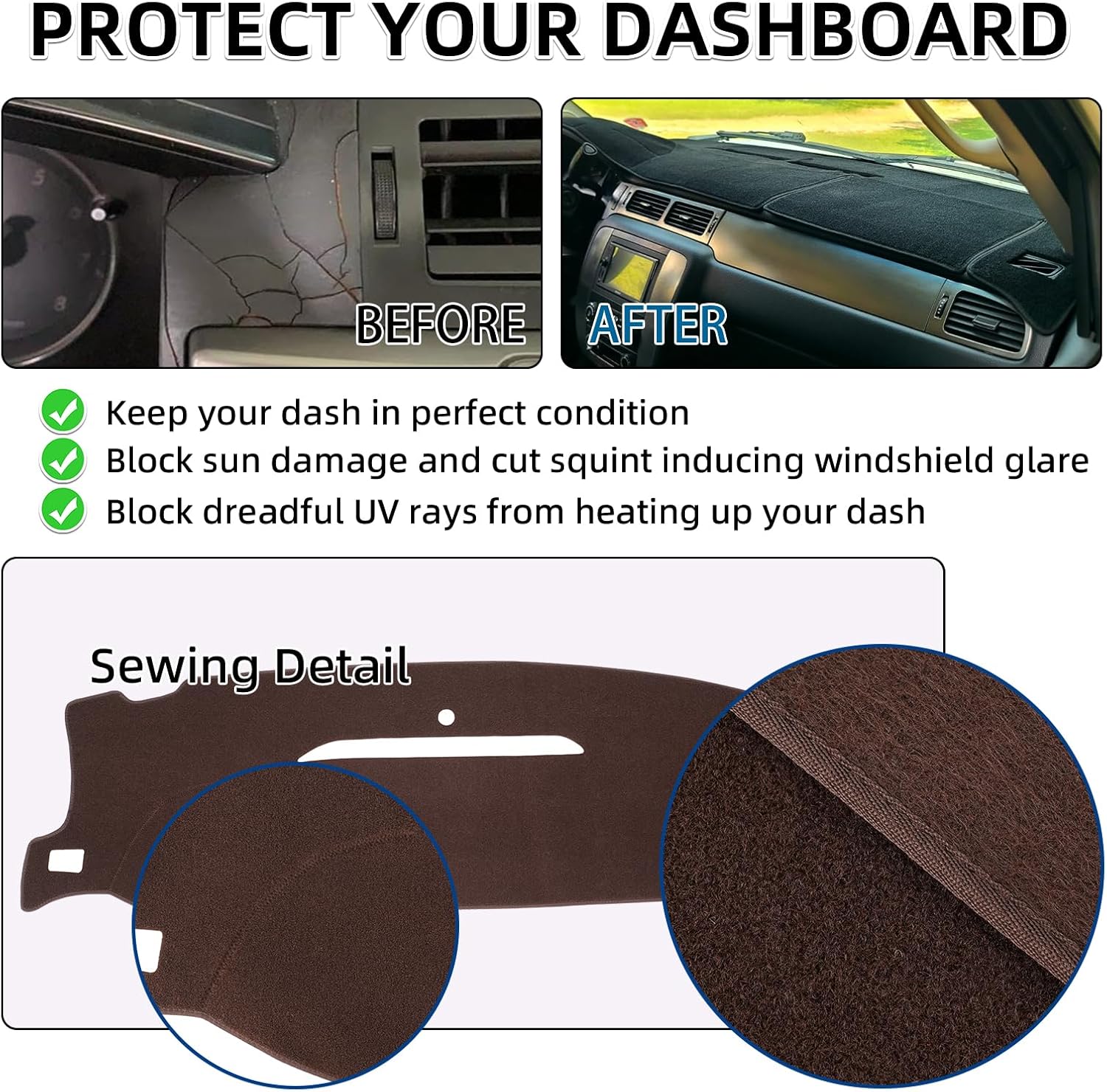 Dashboard Dash Cover Mat Carpet Compatible with 07-14 Chevy Tahoe Suburban Denali Avalanche GMC Yukon/XL,07-13 Chevy Silverado Sierra Without Dash Speaker and Only One Glove Box(07-14 Brown)