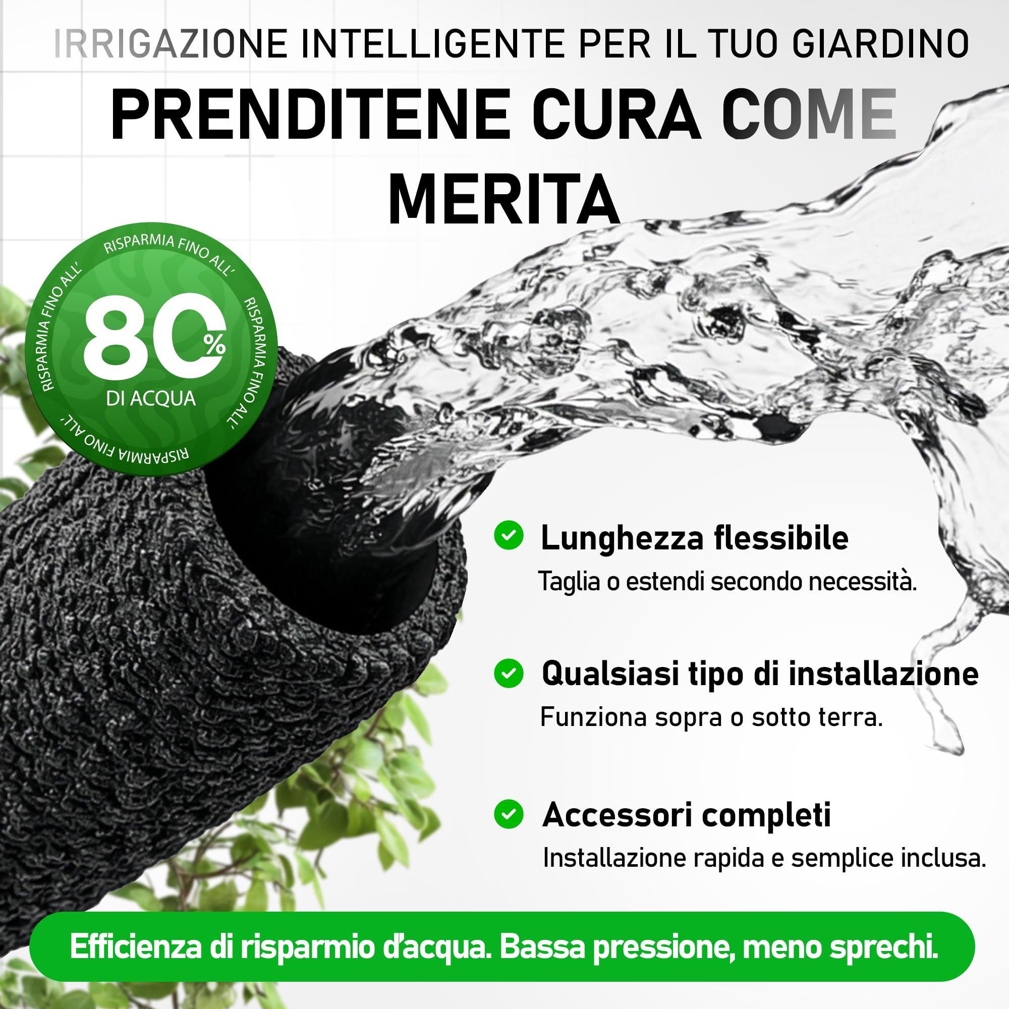 Tubo Poroso per Irrigazione 50 m | Irrigazione a Goccia Uniforme con Risparmio d’Acqua | Ideale per Giardino, Orto e Siepi | Kit di Connettori Incluso (5000, Centimetri)