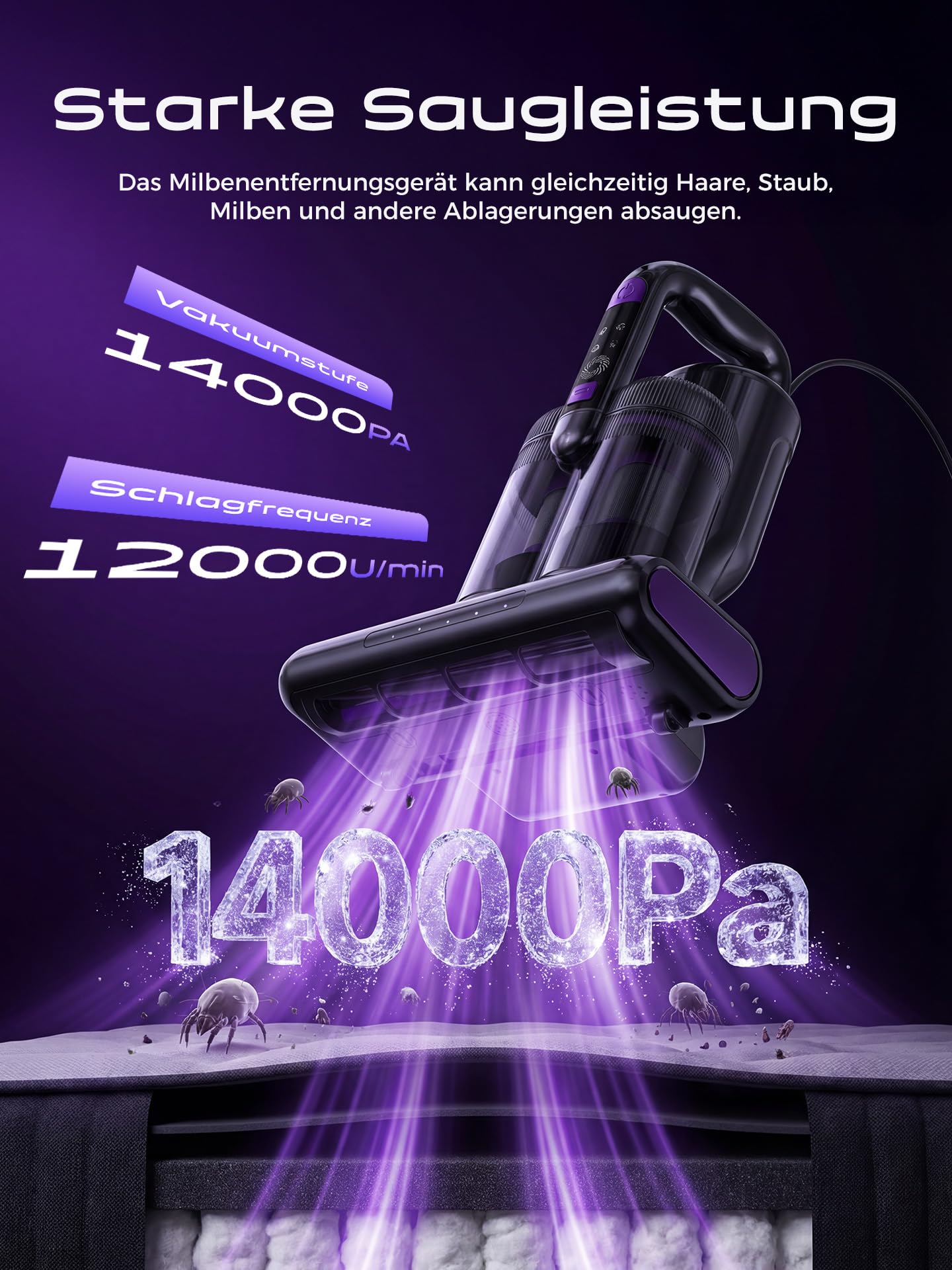 Milbensauger für Matratzen, Milbensauger mit UV-Licht & Heißluft, Matratzenreiniger mit HEPA Filter, Bürstenwalzenklopfen & Ultraschall Funktion, Für Matratzen/Sofas/Teppiche