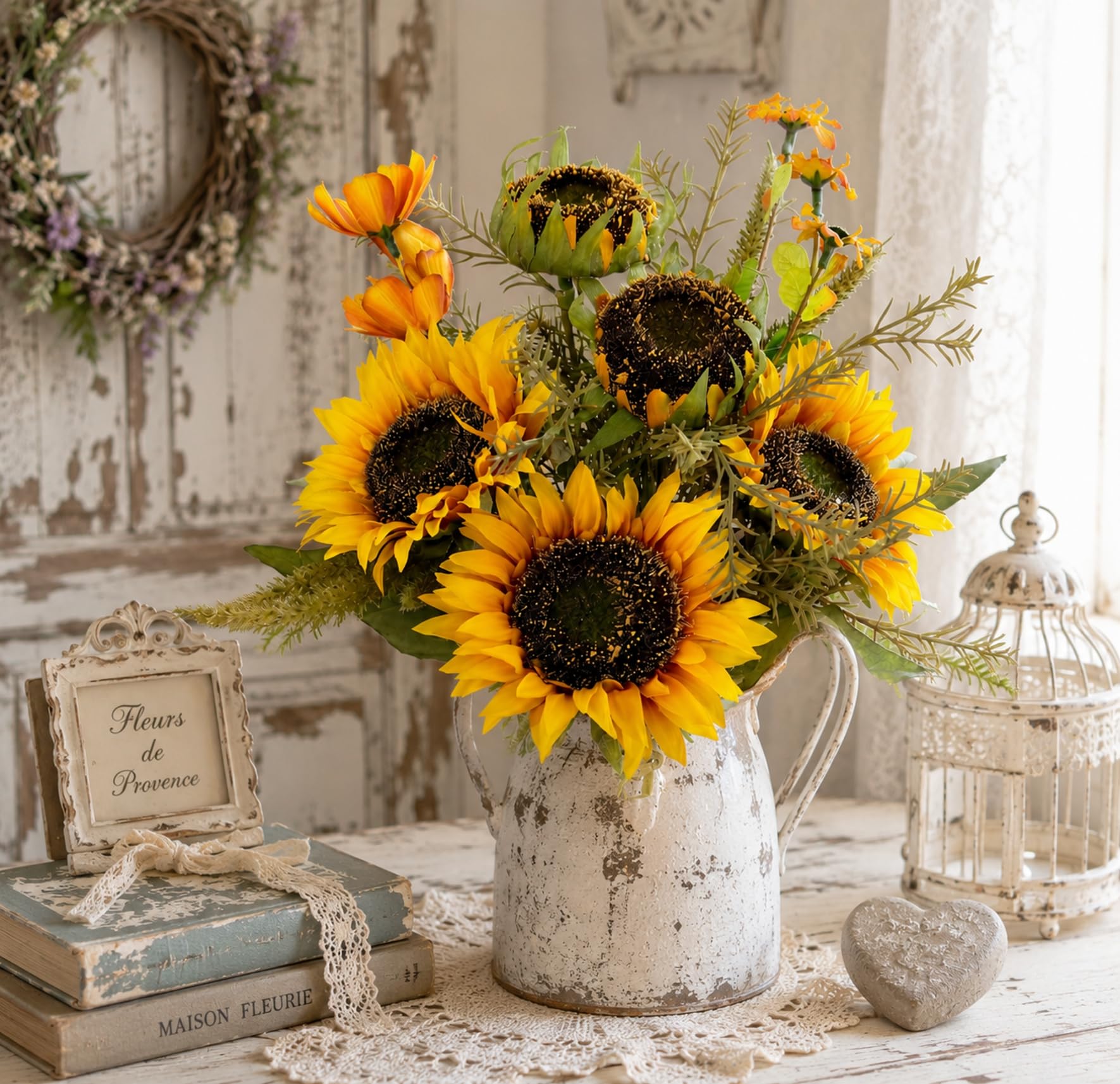 Kunstblumenstrauß Sonnenblumen 43 cm Strauß Blumensträuße Seidenblumen Kunstblumen Dekoblumen Bouquet Hochzeit Haus Herbstdeko Herbstblumen Sonnenblumenstrauß Mittelstück Tischdeko wie echt