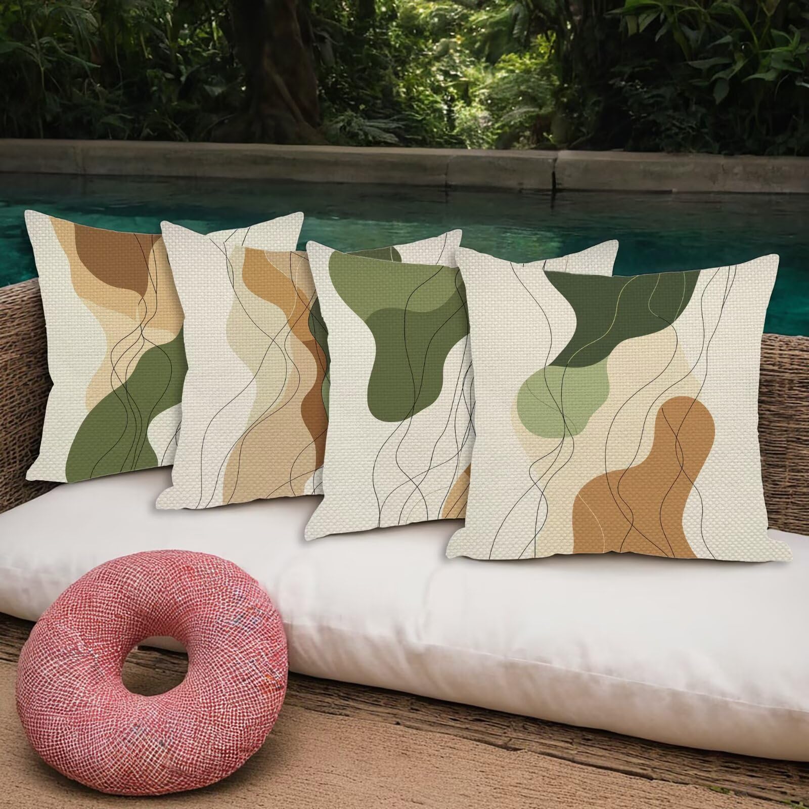 Outdoor Kissenbezug 60x60cm 4er Set Outdoor Wetterfest Kissenbezüge Einfach Wasserdichte Leinen Dekorative Kissenhülle Frühling Sommer Zierkissenbezug für Balkon Terrasse Garten Deko (Abstrakt) U-35