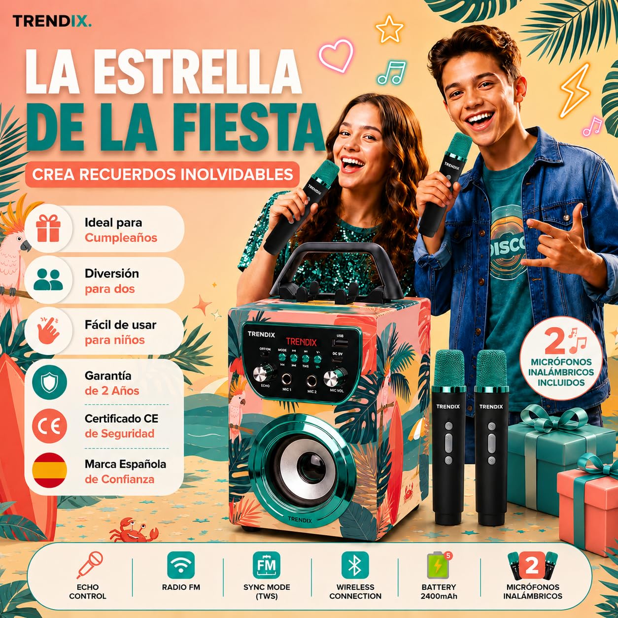 Trendix - Karaoke 2 Microfonos Inalambricos Tropical Vibes | Karaoke Infantil | Altavoz con Microfono | Altavoz Bluetooth con Microfono Y Radio FM | Regalo Comunion Niño | Regalo Niña