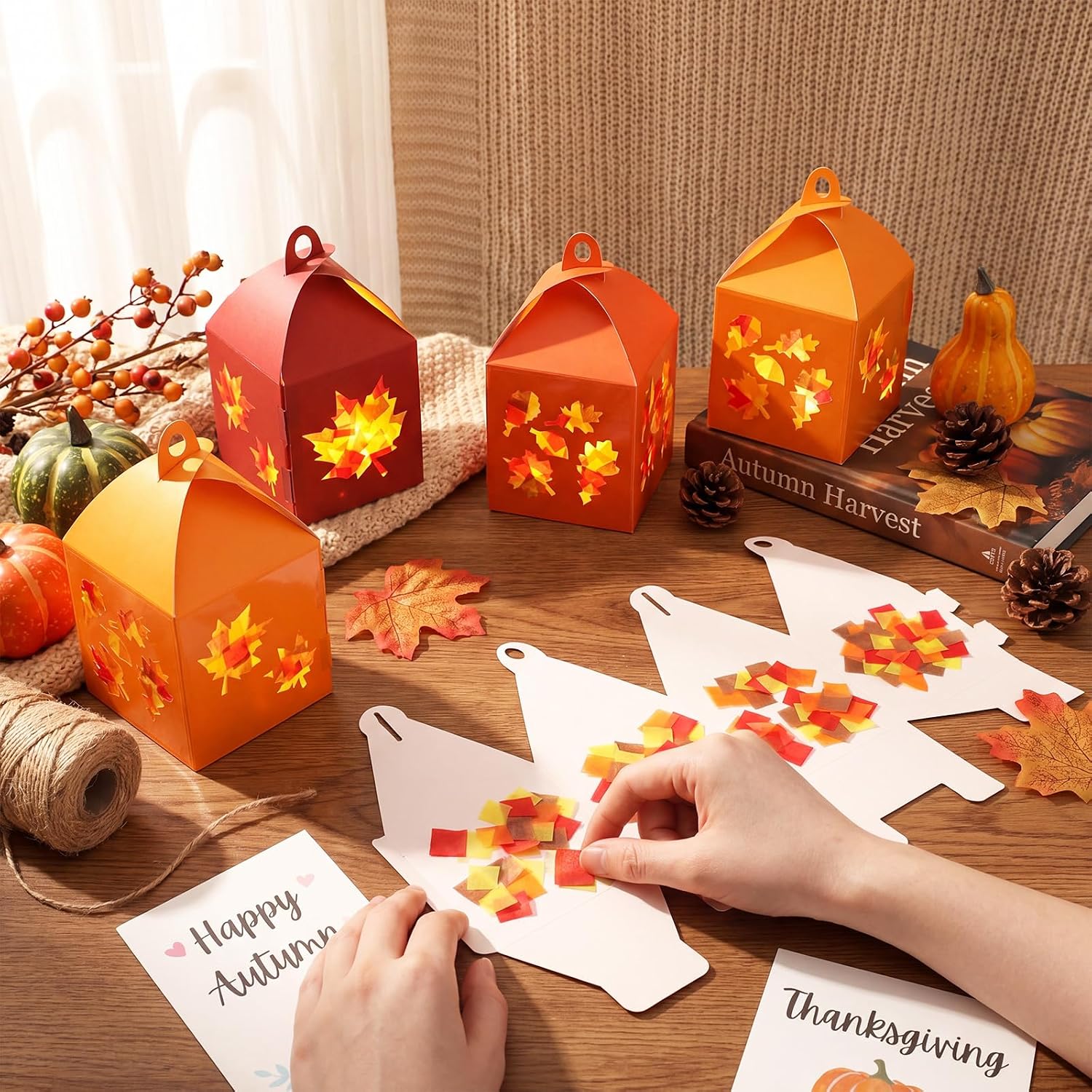 Maitys 24 Sets Fall Paper Lantern Craft Kit, Maple Leaf DIY Lanterns with Tissue Paper, Suncatcher Style Autumn Hanging Decorations for Classroom Back to School Seasonal Craft Home Party Decor