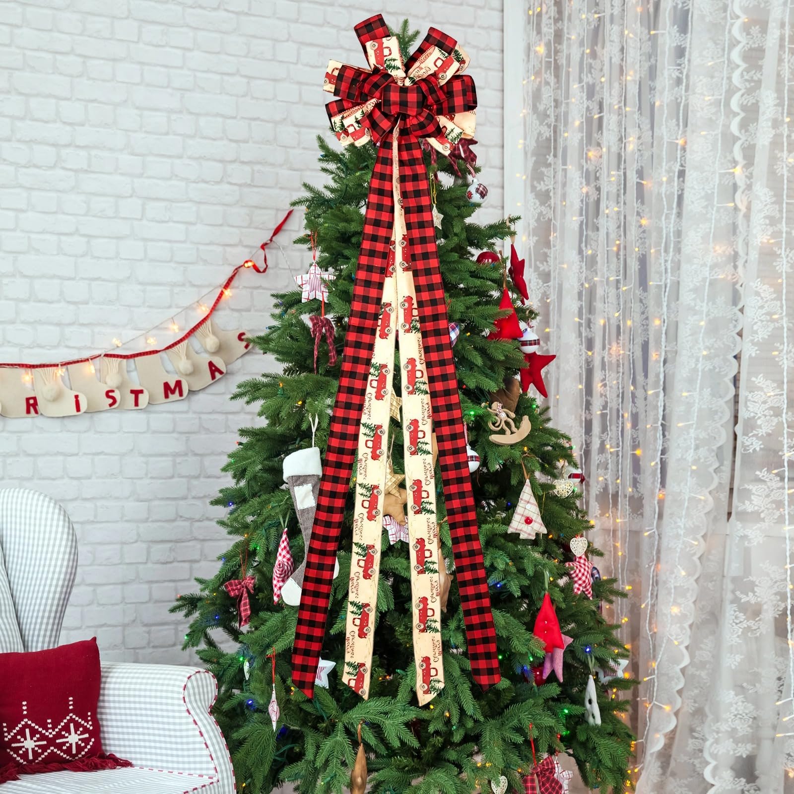 Christbaumspitze Buffalo-Check-Schleife, große rot-Schwarze Karos Stern-Baumdeko, Schleifenanhänger mit Schneeflockenmuster, rustikaler Landhausstil für die Baumspitze