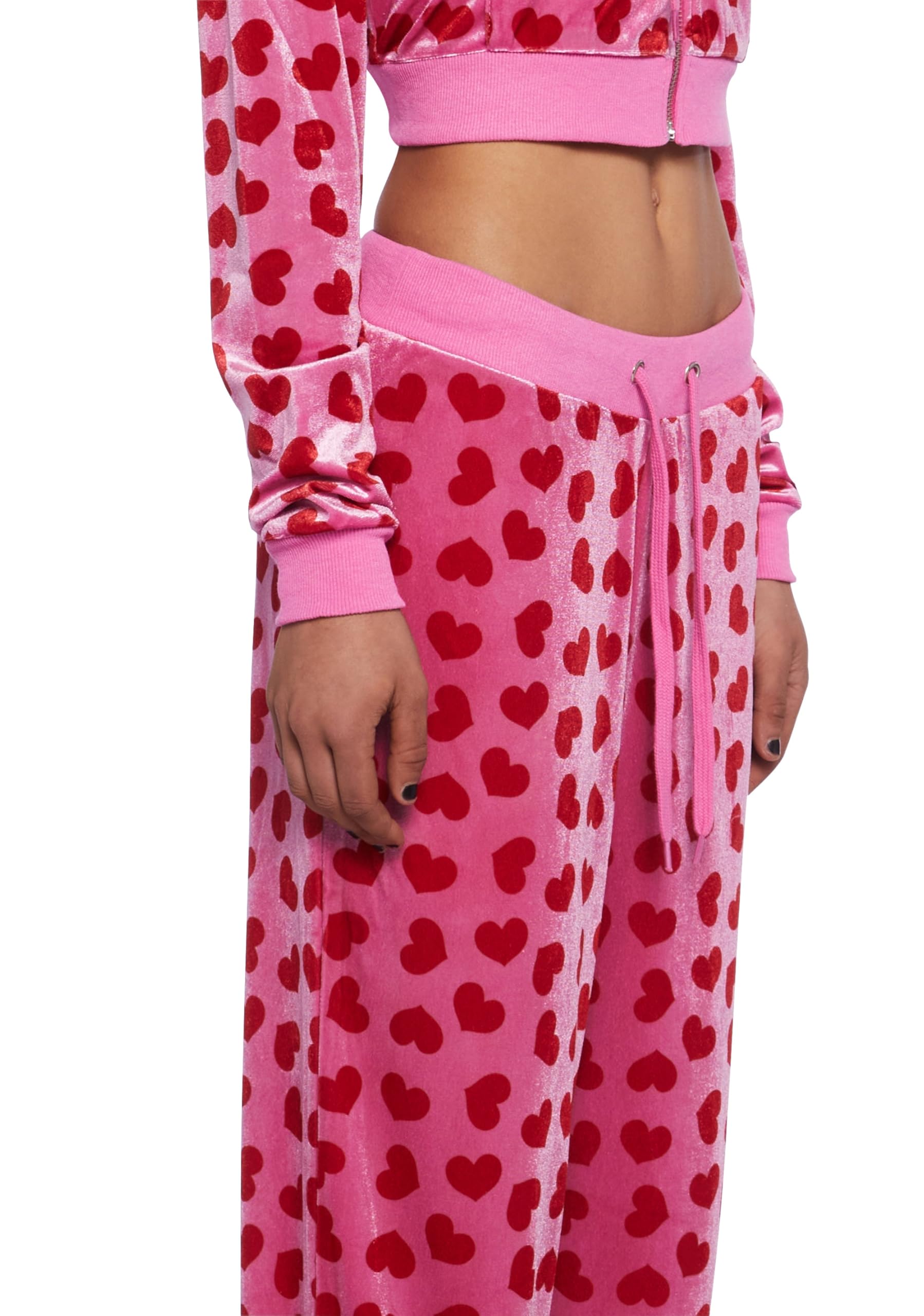 Dolls Kill Loyal Maneater Velour Track Pants by Sugar Thrillz – Heart Print Sweatpants with Flared Bottom & Drawstring Waist: X-Small Pink