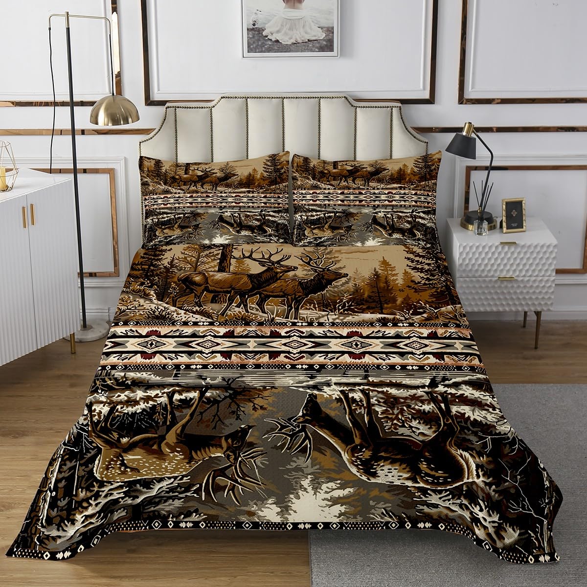 jejeloiu Deer Bedspread Queen Size Kids Boho Quilted Coverlet Wild Animal for Boys Girls Teens Rustic Cabin Coverlet Set Orange Brown