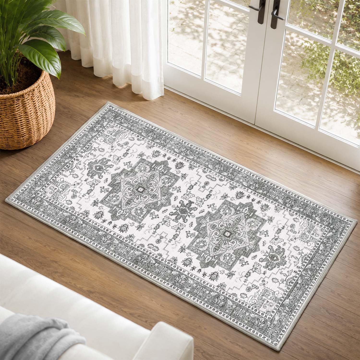 TOPICK Grey Washable Runner Rugs 60x110, Short Pile Vintage Door Mat