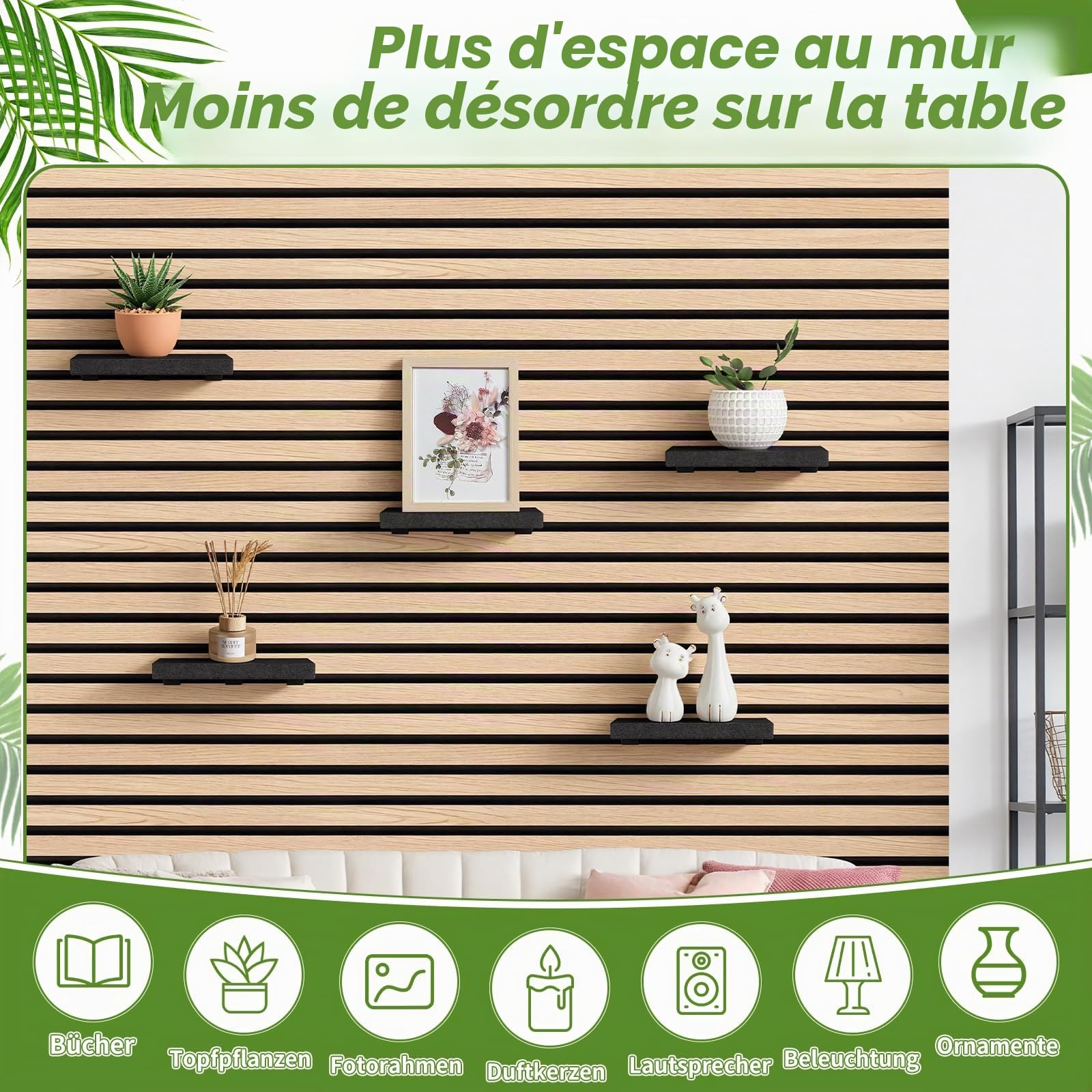 Meetory Étagère pour panneaux acoustiques - 2 pièces accessoires Panneaux acoustiques sans perçage Organisateur mural Étagère pour lattes Panneaux muraux Étagère flottante Salon
