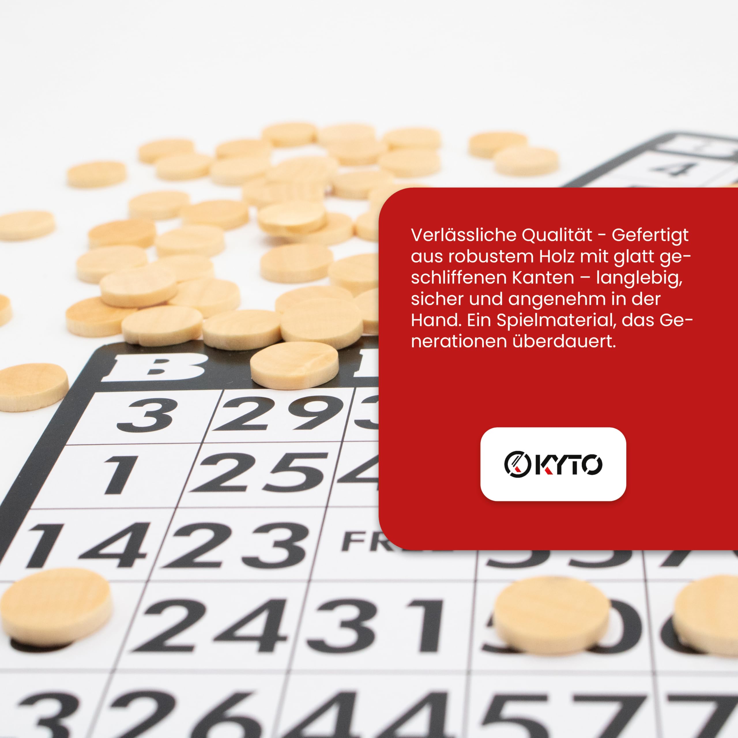 Kyto Bingo Holz Chips - 150 Scheiben aus Holz für Bingospiel-Karten 14/3 mm. Holzsteine, Zählsteine, Marker oder sonstige Spielsteine, mit Stoffbeutel