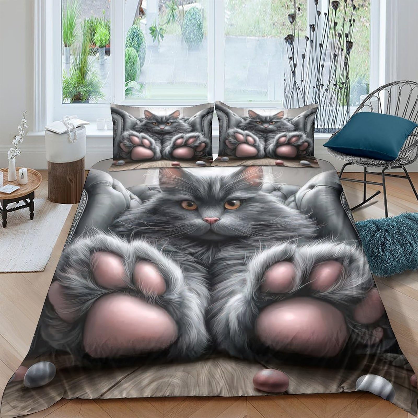 Ctjqhvkz Style-9 3D Printed Cute Cat Paw Fitted Sheet Microfiber Soft Grey Cat Face Bed Cover For Bedroom Guest Room Dorm Mattress Decor Single（135X200cm）