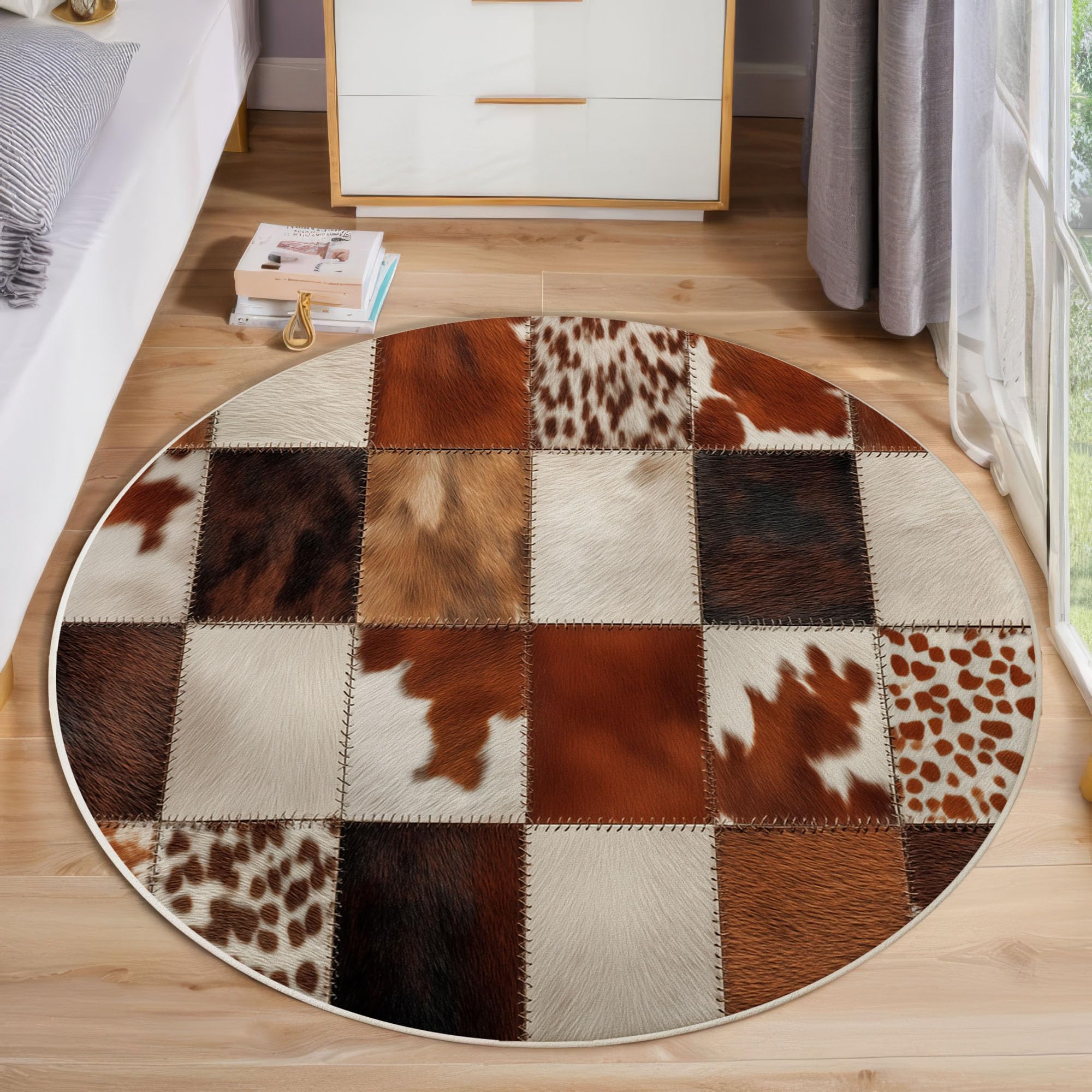 Tapis patchwork de vaches marron 120 cm en poil ras doux