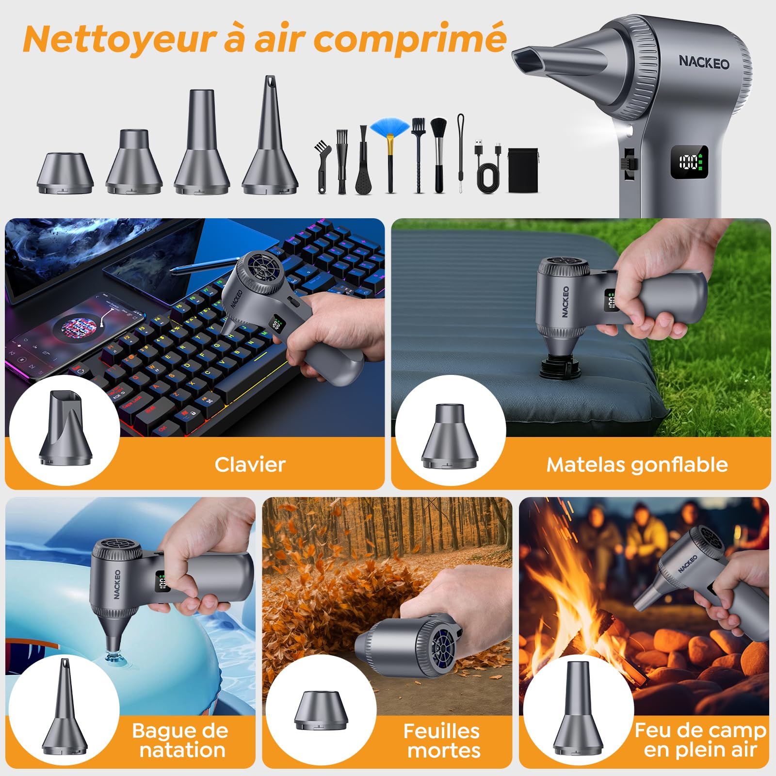 Souffleur Air Comprimé 230000 TR/Min, Soufflette Électrique avec Batterie 10500 mAh et Lampe LED, Mini Souffleur Puissant avec 100 Niveaux de réglage, idéal pour Nettoyer PC, Clavier, Voiture
