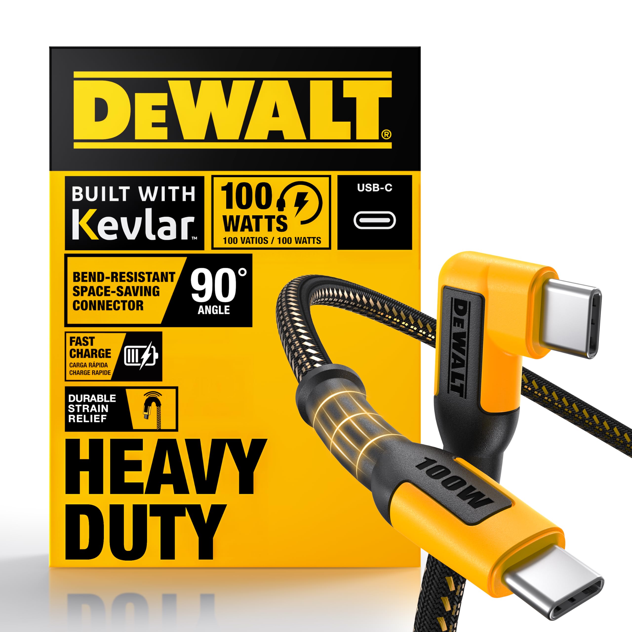 DEWALT Heavy Duty 90-Degree Angled 100W USB C Cable Jobsite 100 Watt USB C Cable High Speed Type-C