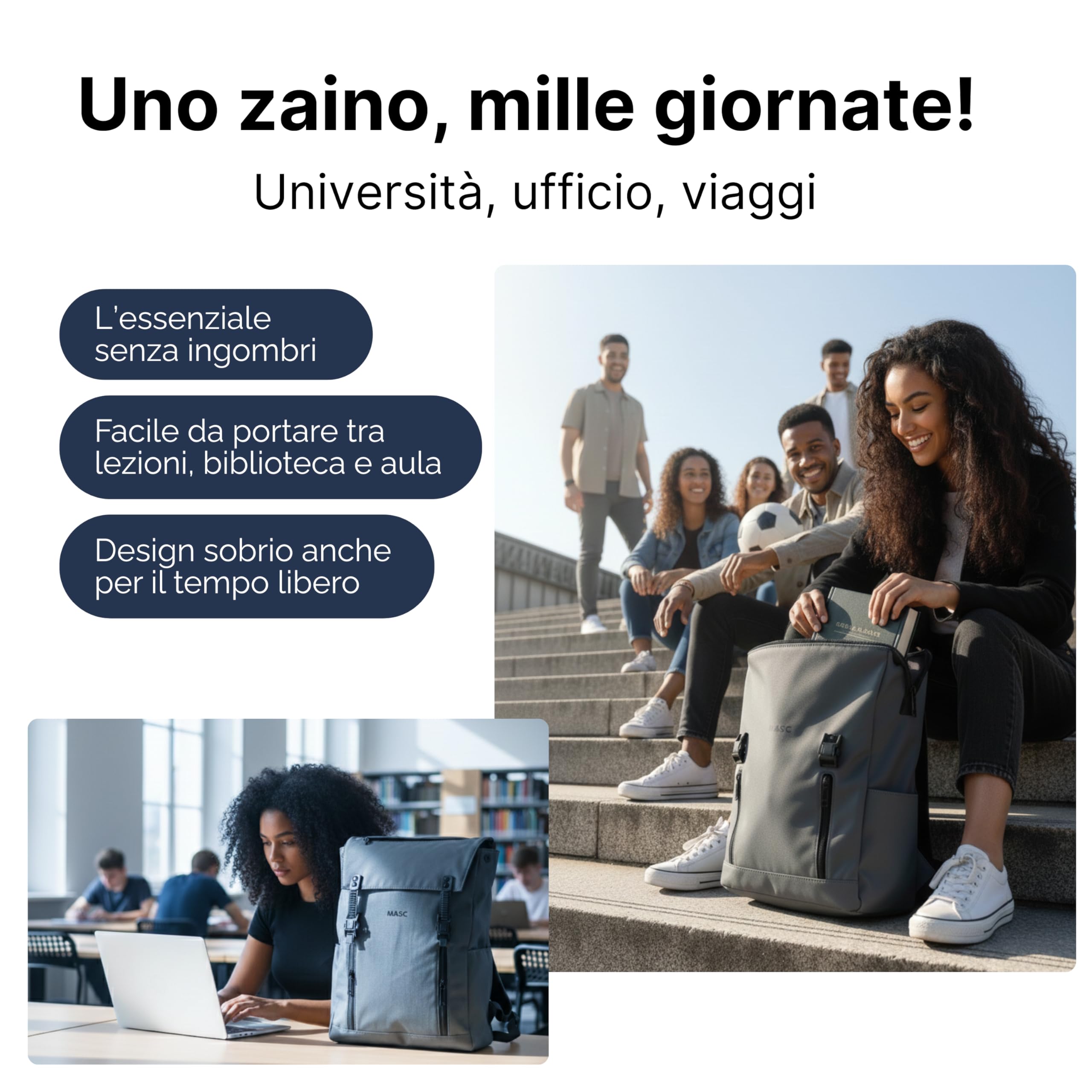 MASC Zaino da Lavoro Impermeabile, Zaino Porta Laptop ideale per Ufficio e Università - Zaino da Viaggio Capiente 22L