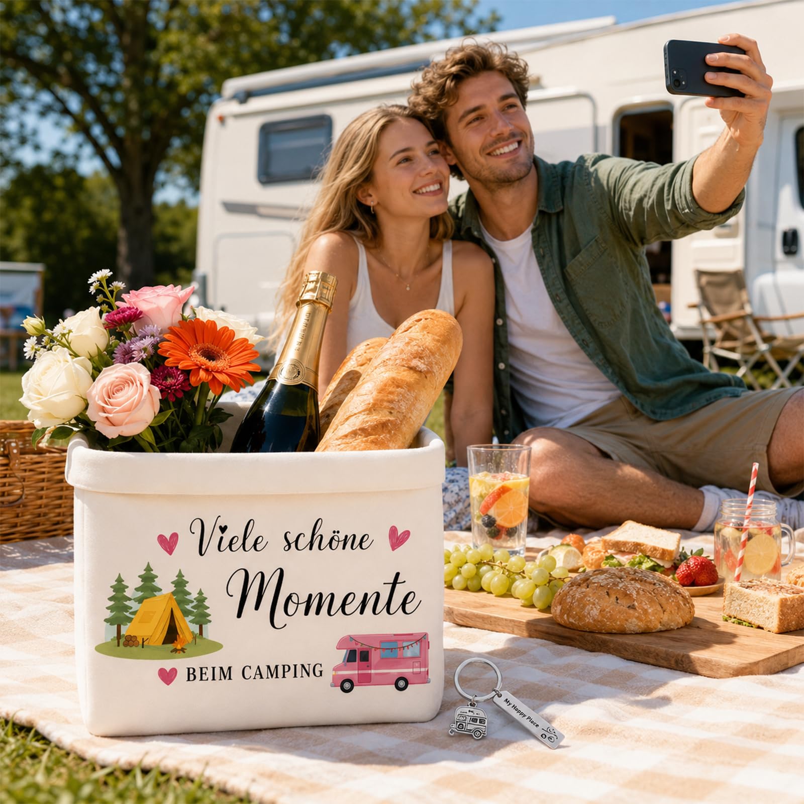 Camping Geschenke Set 4-Teilig, Camper Geschenke Brotkorb Stoff Mit Karte, Schlüsselanhänger Und Umschlag, Wohnwagen Deko Picknick Tasche, Wohnmobil Gadgets Für Frauen Männer