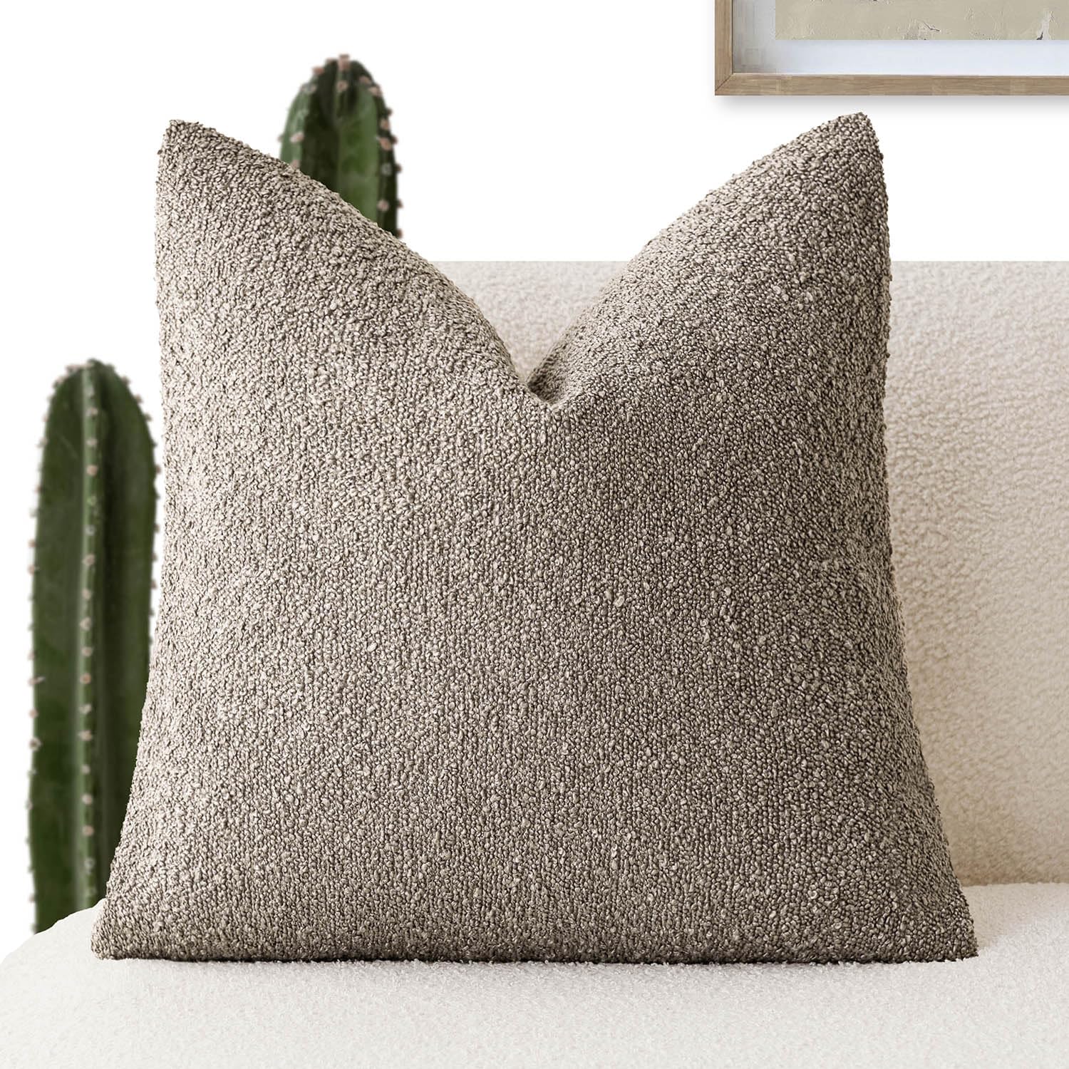 Foindtower Decorative Textured Boucle Throw Pillow Covers Accent Solid Pillow Cases Neutral Soft Cozy Couch Cushion Case for Chair Sofa Bedroom Living Room Home Decor 16x16 Inch,1PC,Light Taupe — image 1