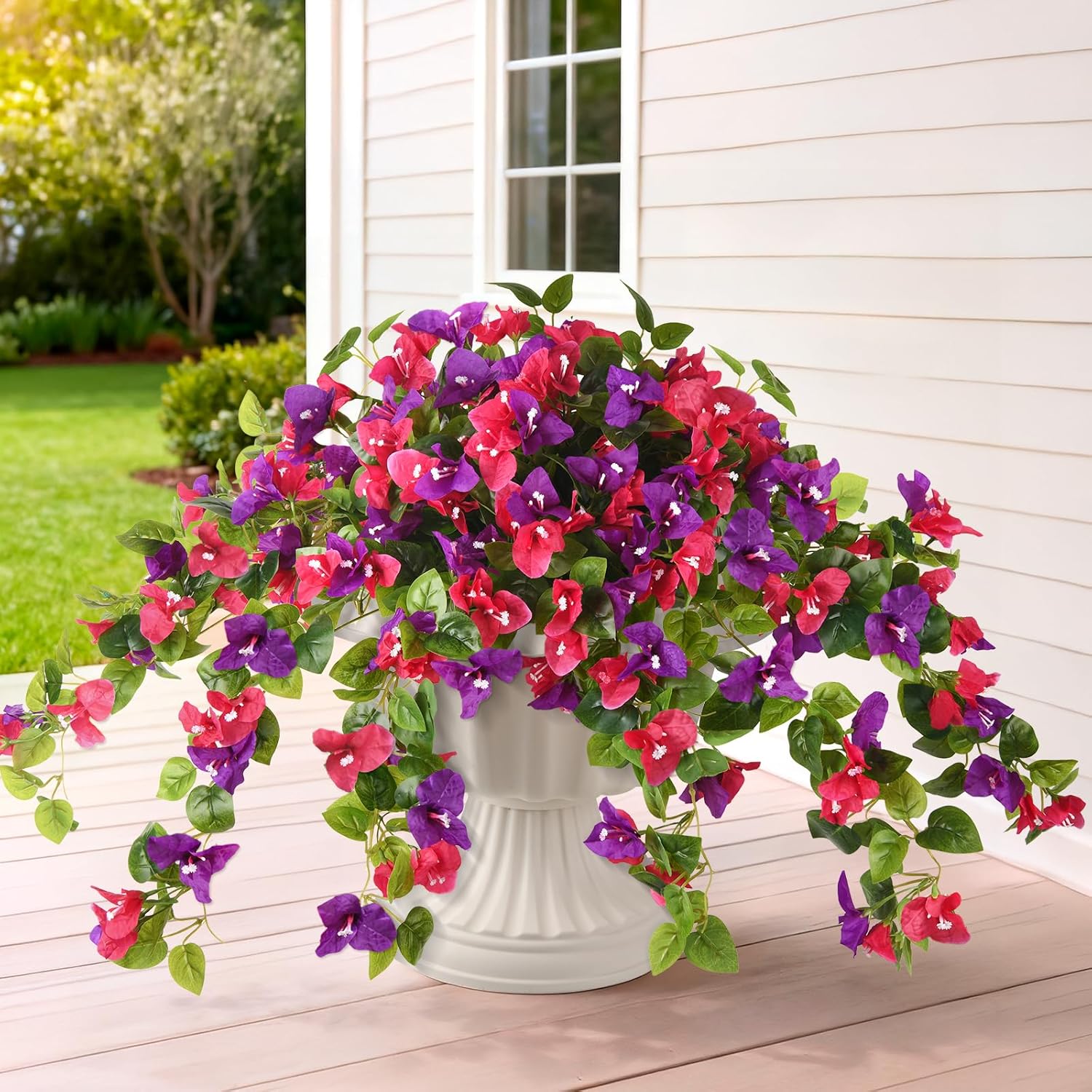 Homsunny Artificial Fake Flowers Plants for Outdoor Decoration, 2 Pcs Faux Silk Flower Bougainvillea Vines Look Real UV Resistant for Home Porch Patio Balcony Yard Spring Decor(Mix Purple)