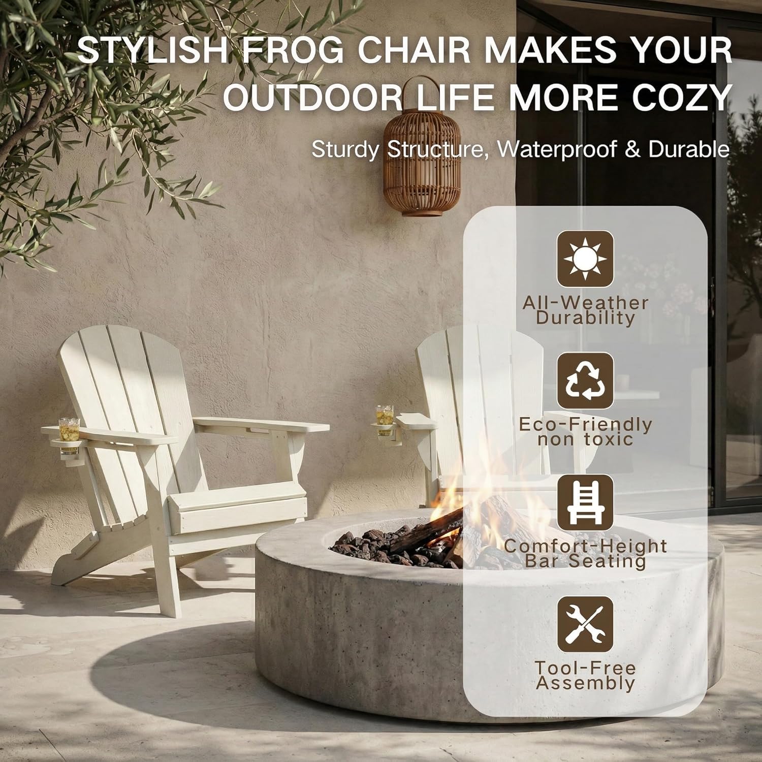Kingdura Folding Adirondack Chairs Set of 2, Portable HDPE All Weather Resistant Outdoor Patio Chair, Wooden Textured with Cup Holder, 380LBS Capacity for Poolside, Backyard, Fire Pit (White)