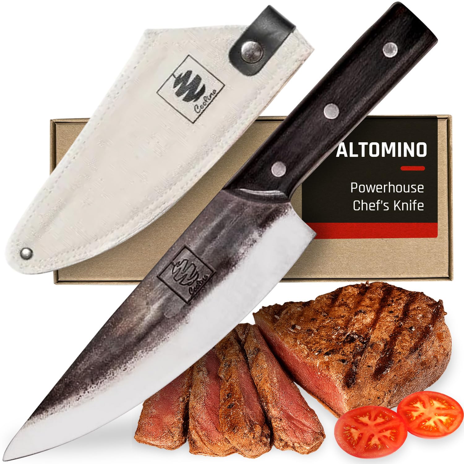 COOLINA Altomino Tungsten Steel Slicing Knife 7 1-in Japanese Traditional Chef Forged Hammered Kitchen Knife Outdoor Cooking Hunting