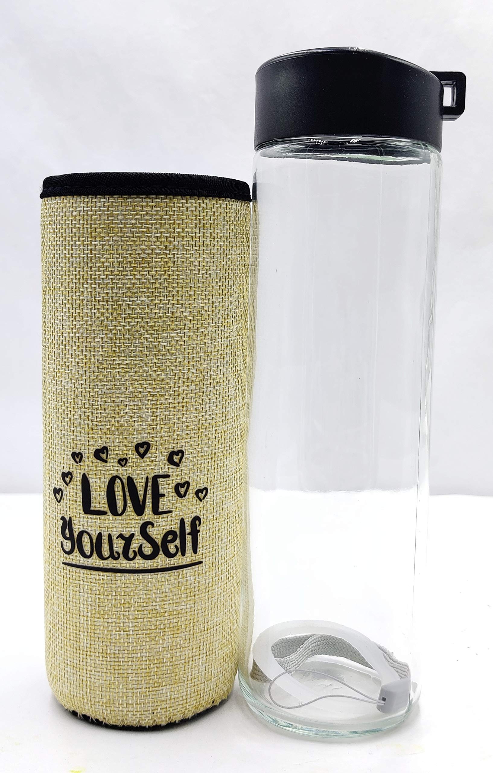 XINGLI Glass Bottle with Cover | Design : Love Yourself | for Men , Women and Kids | 500 ml