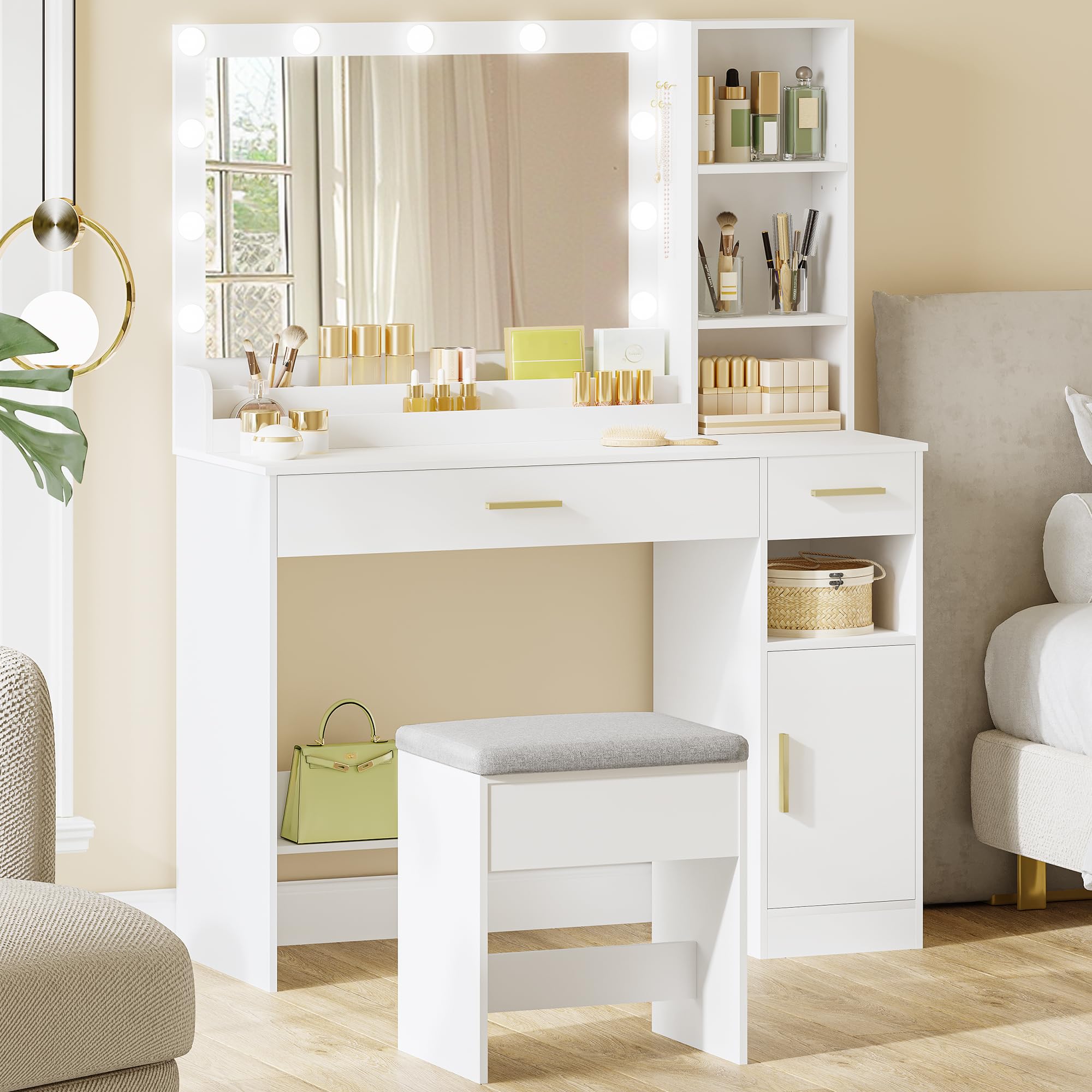 HEXCELEN Tocador con Taburete, Tocador de Maquillaje con Espejo y Luces LED con Brillo Ajustable, Mesa de Maquillaje, 2 Cajones, 4 Compartimentos y 1 Armario, 40 x 108 x 141 cm Blanco