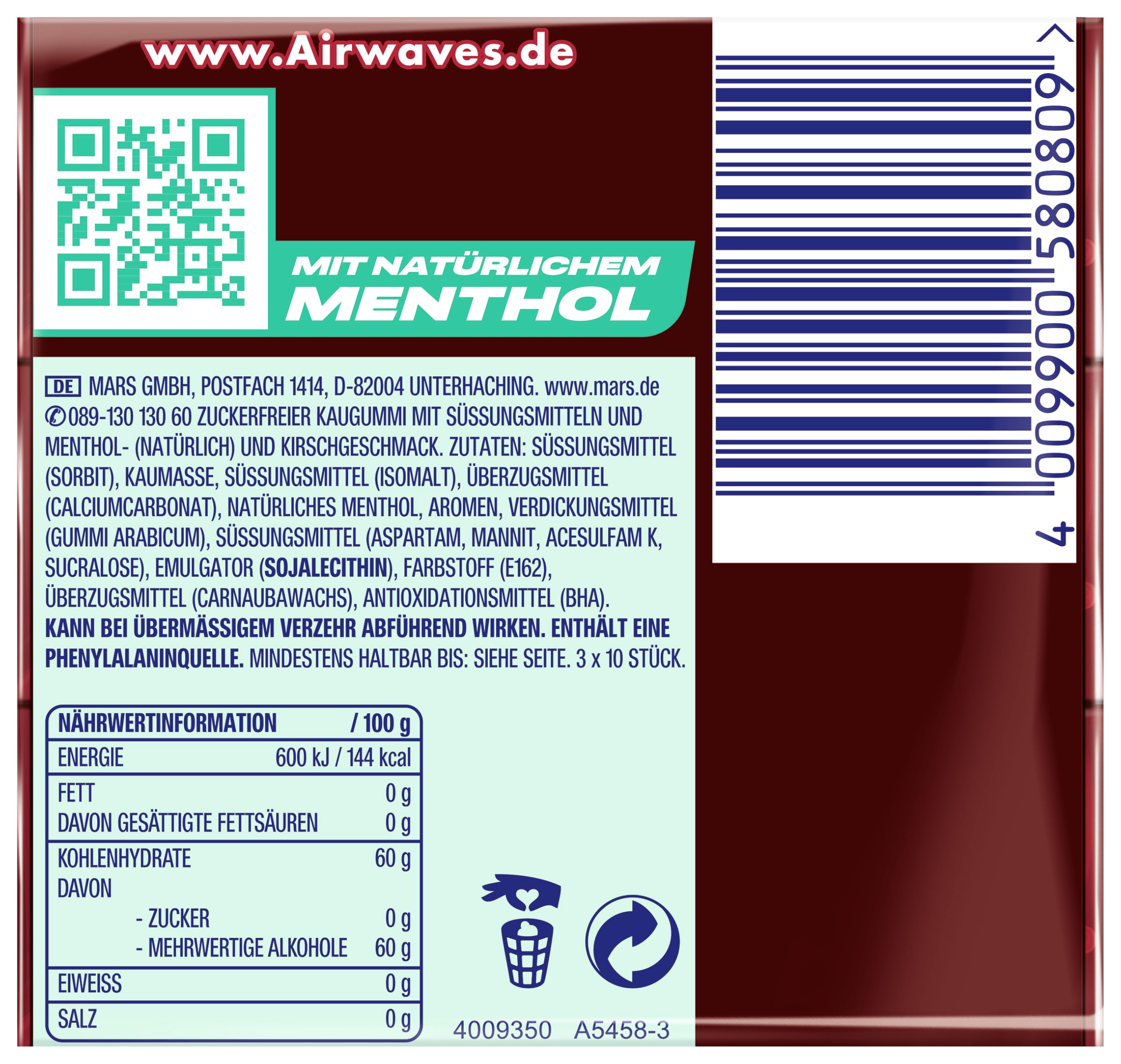Airwaves Kaugummi Multipack Mix I 2 Sorten I 40 Packungen I Strong I Cherry Menthol