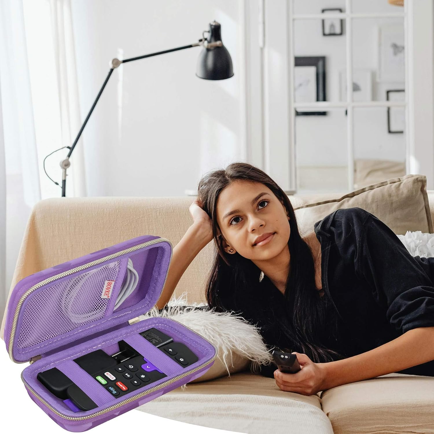 BOVKE Hard Case for Roku Voice Remote Controller, Roku Streaming Stick+ / 4K, Roku Remote Case for Roku TV Steaming Stick 3820R/ 3821R/3941R, Extra Mesh Pocket for Adapters, Cables, Purple Cube