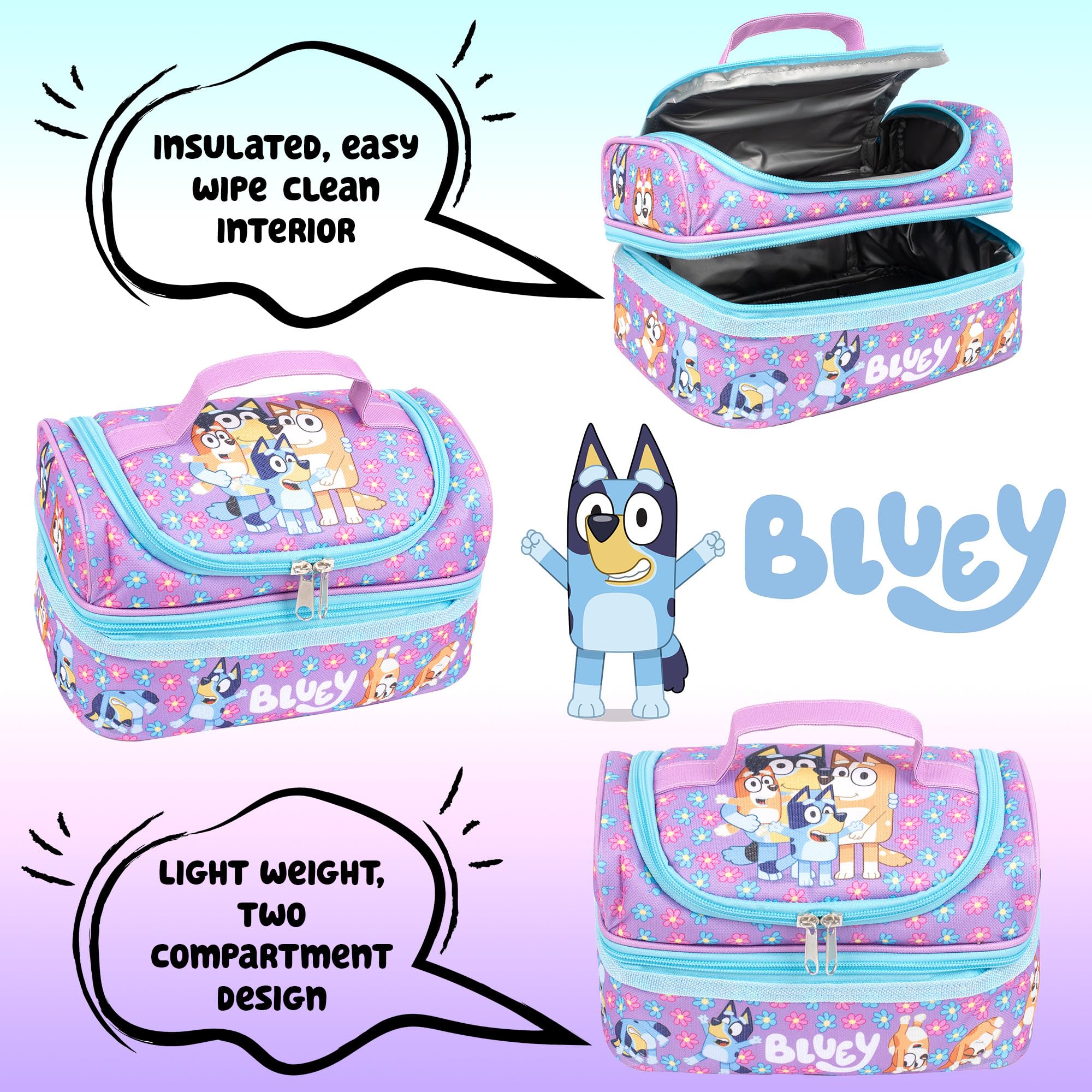 Bluey - Borsa per il pranzo per la scuola per bambini - Borsa per snack multi-scomparto per ragazze e ragazzi - Isolamento termico e grande capacità - Viola