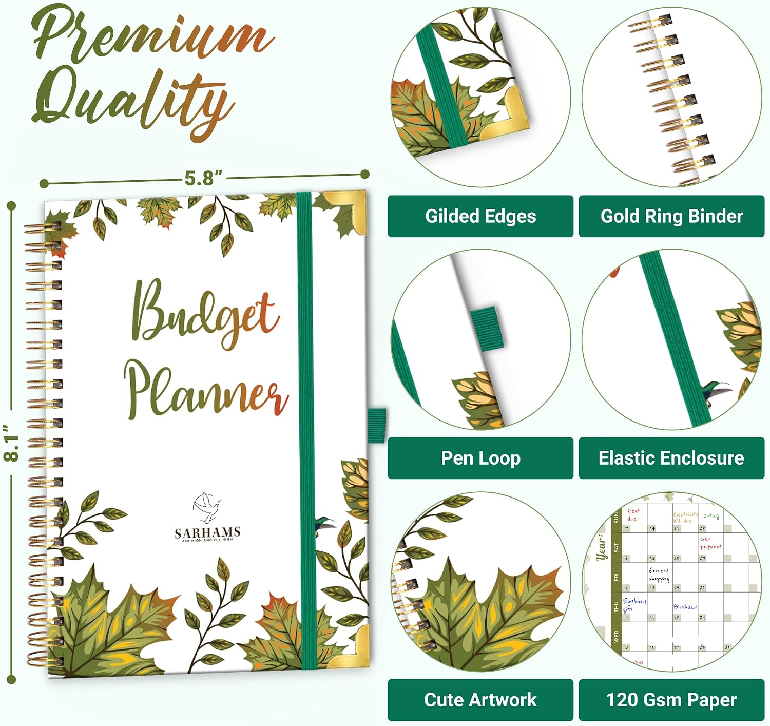 Budget Planner – Simple 12 Month Financial Planner Organizer, Bill Tracker Plus 2 Pockets – Stay Organized in 2023-2024 with SARHAMS Undated Budget Book (Green)