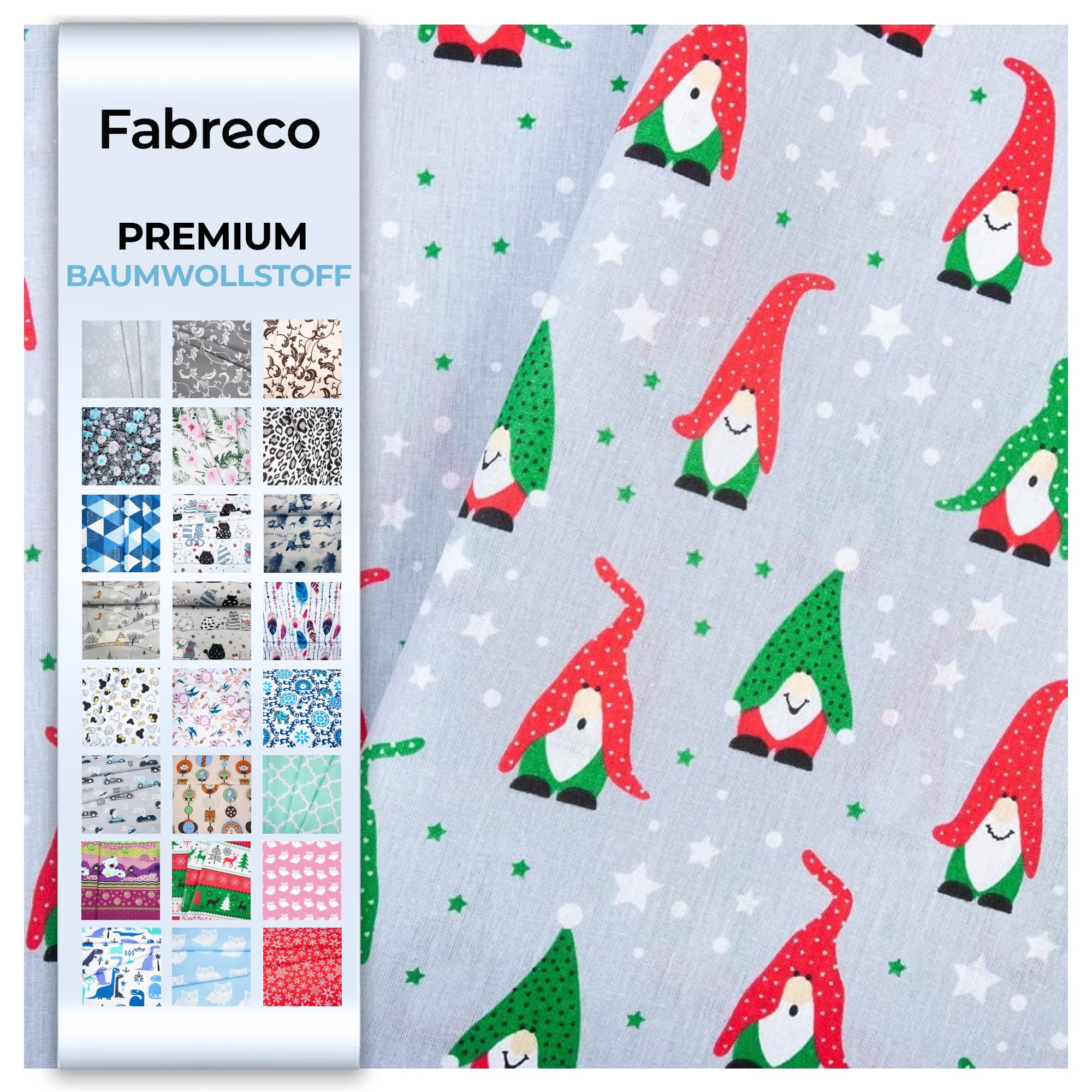 Fabreco - 100% Premium Baumwollstoff Meterware 200x160cm - Weihnachtszwerge | 220 g/lfm – Weich, langlebig & hautfreundlich | Stoffe Zum Nähen & Dekoration | Stoff Meterware - Fabric