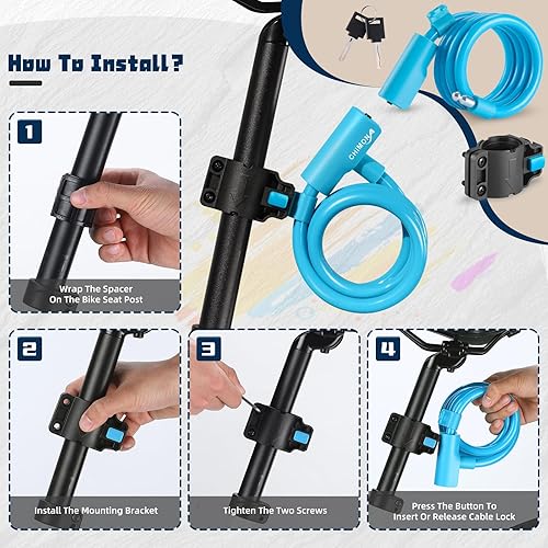 Miniatura 5 de Candado de bicicleta con revestimiento antiarañazos de PVC, bloqueo de cable de bicicleta con soporte de montaje, cable de bloqueo de bicicleta