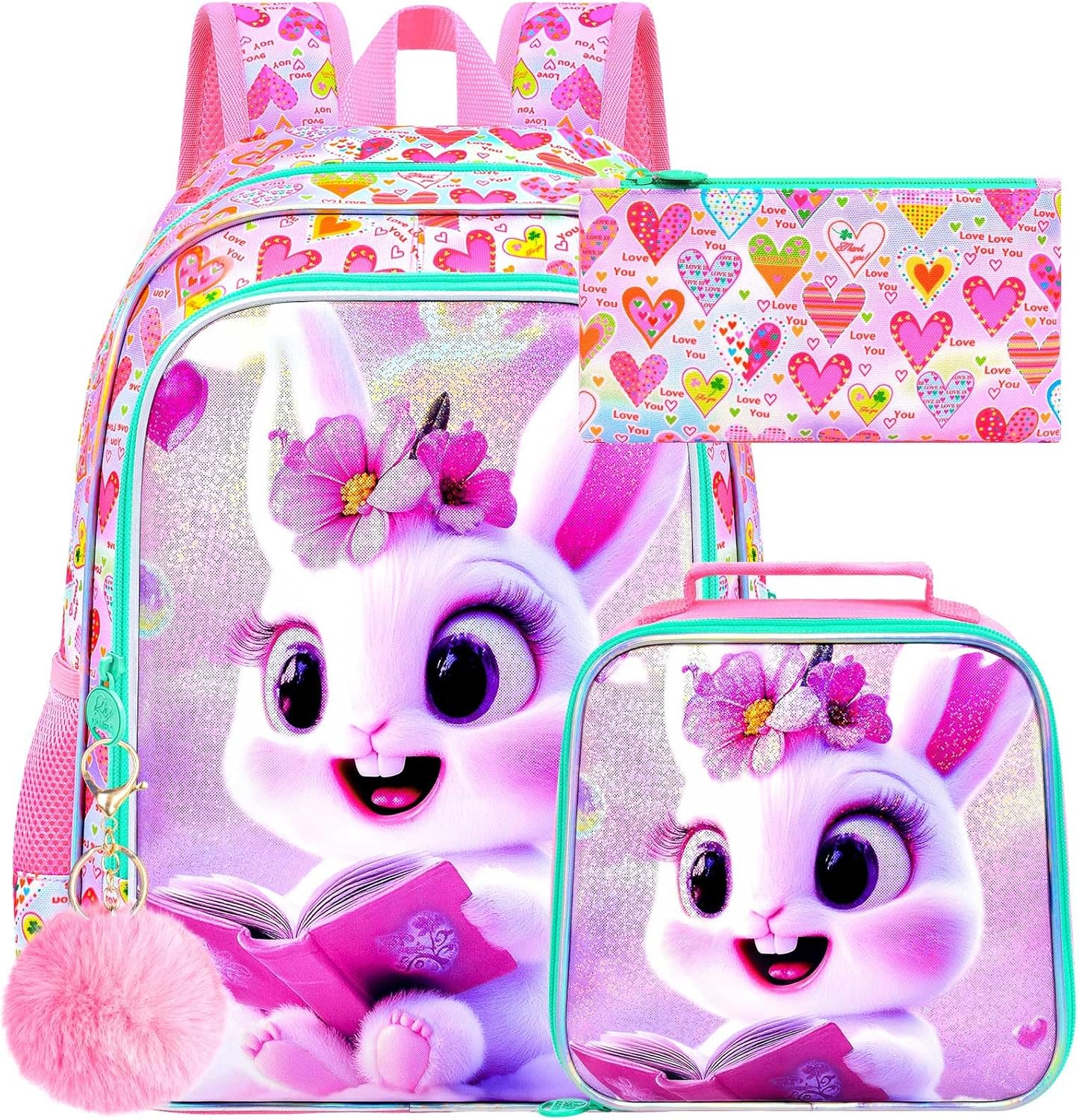 WZLVO 3PCS Rabbit Bookbag for Girls, 16" Glittery UV Printing Kids Backpack/School Bag with Lunch Box & Pencil Bag for Preschool to Elementary - Reading Rabbit Pink