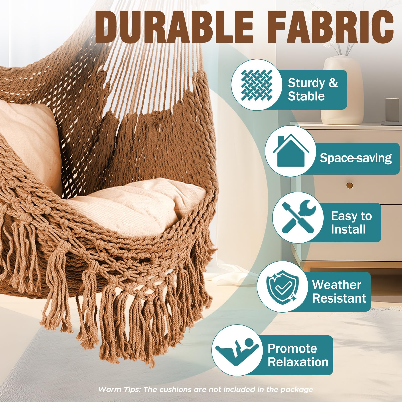 Silla hamaca súper grande de tejido de cuerda de algodón hilado suave, plegable y resistente, barra esparcidora de metal, asiento ancho, sillas oscilantes elásticas para interiores y exteriores 2