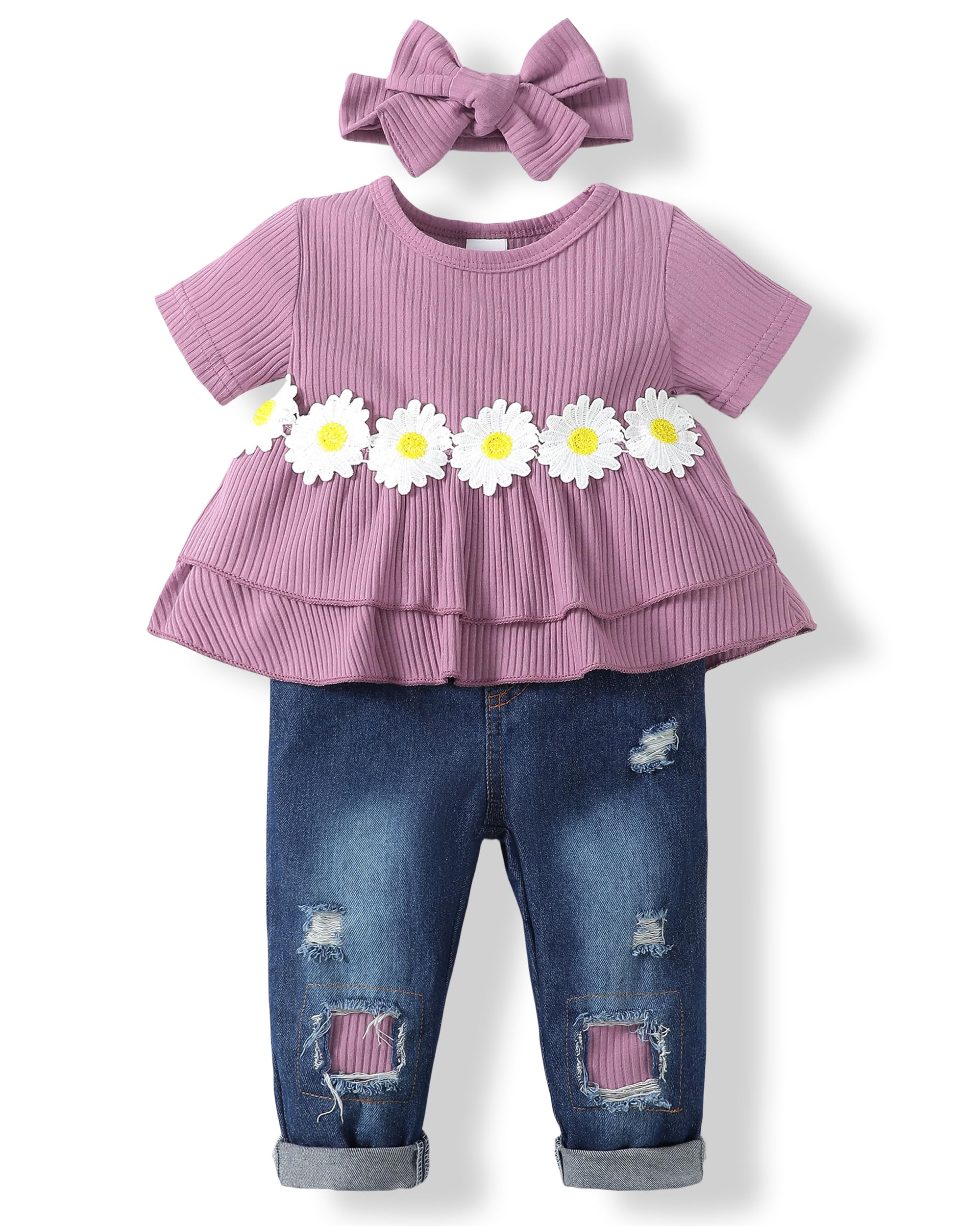 XUANHAO Baby Girl Clothes 12 18 24 Months Outfits For Infant Toddler Denim Girls' Clothing Ruffle Top Ripped Jeans Pant Sets