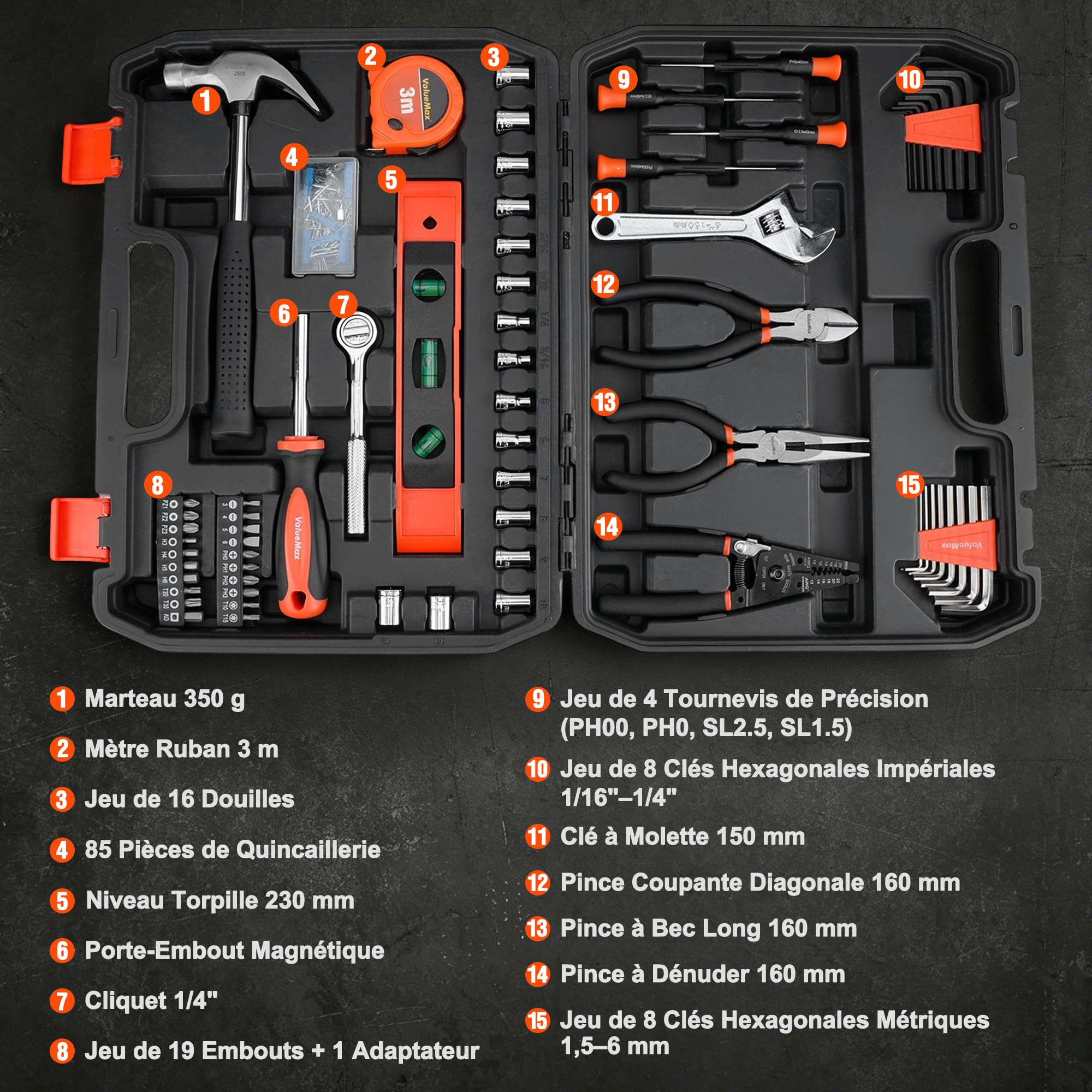 ValueMax Boîte à Outils 150 Pièces, Mallette Outils de Réparation à Domicile, Trousse à Outils de Ménage Général avec Boîte de Rangement en Plastique, Idéale pour un Usage Domestique ou Professionnel