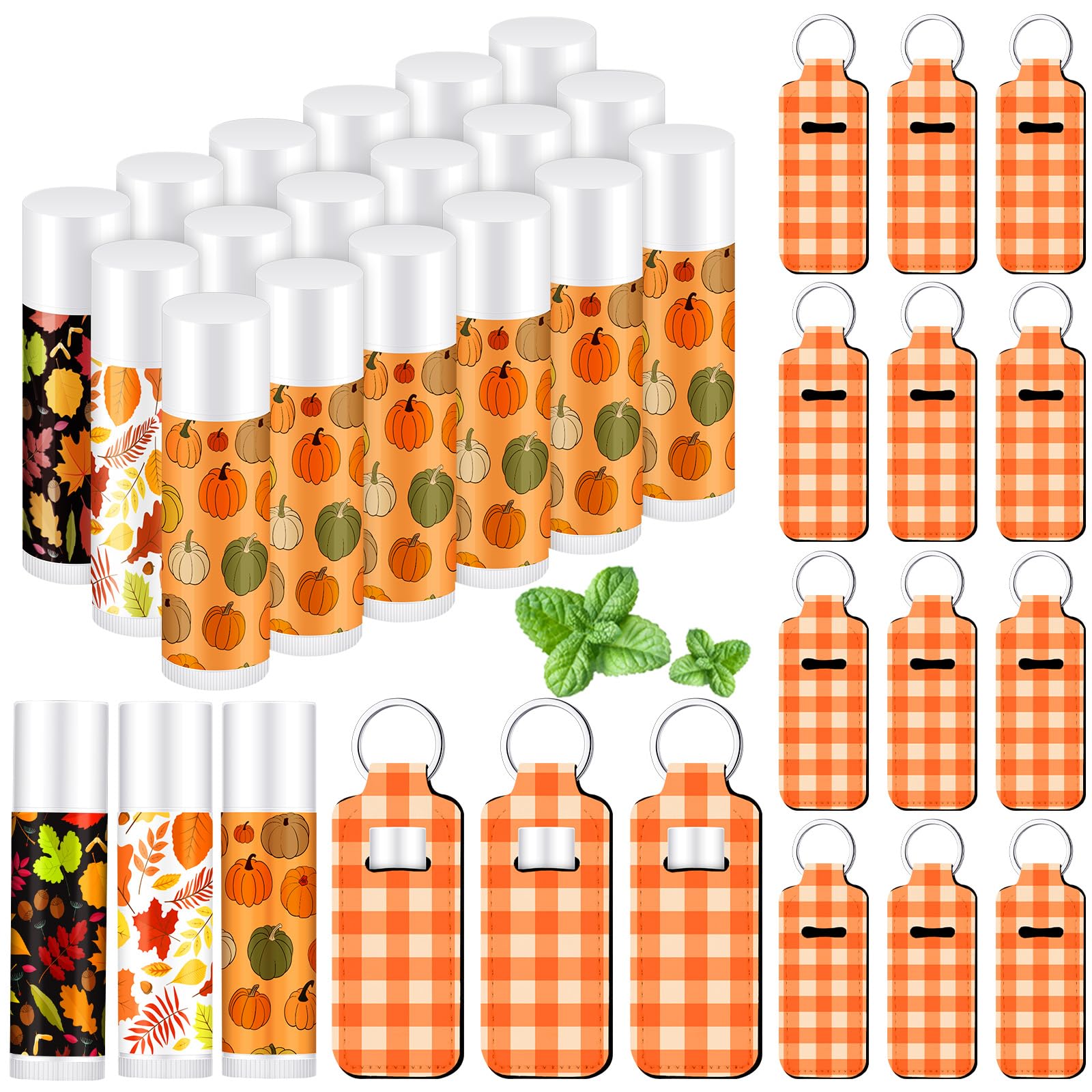 18 Sets Fall Pumpkin Lip Balm Bulk and Orange Plaid Lipstick Holder Keychains Set Maple Leaf Lip Balm Gift for Thanksgiving Rustic Autumn Farmhouse Fall Party Supplies