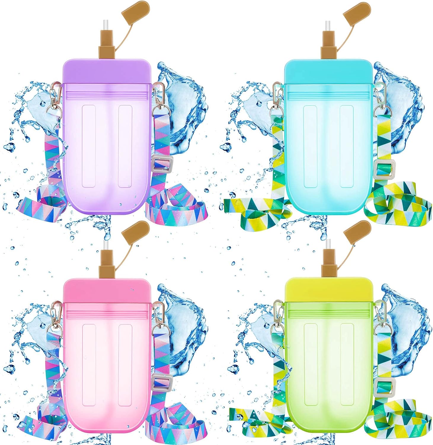 Cunhill 4 Pieces Ice Cream Water Bottles with Strap Kids End of Year Gift for Student Kawaii Drinking Purse Ice Bar Transparent Jug Cup for Camping Sports Shopping