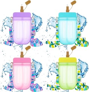 Cunhill 4pc Ice Cream Water Bottle(Pink, Blue, Green, Purple,Ice Cream) | Water Bottles with Strap, Student Kawaii Drinking Purse, Ice Bar Transparent Jug Cup