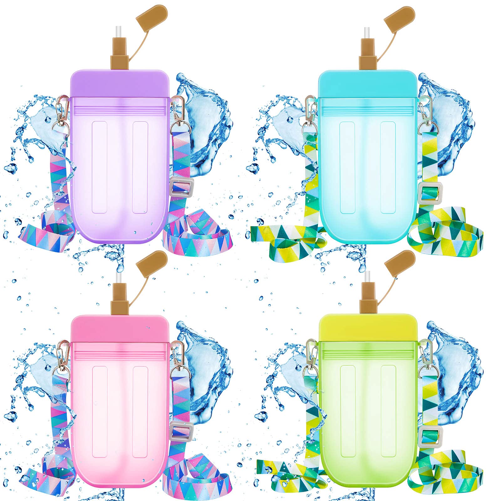 Cunhill 4 Pieces Cute Ice Cream Water Bottles with Strap Kawaii Drinking Purse Ice Bar Transparent Jug Cup for Camping Sports Shopping Kids