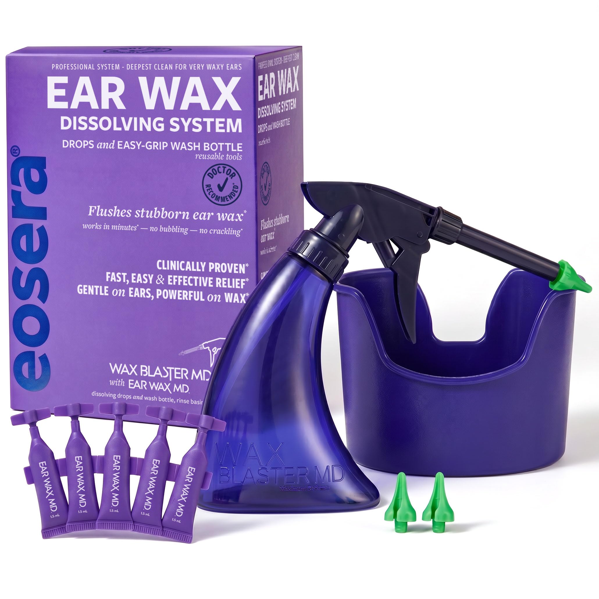 eosera Wax Blaster MD - Ohrenschmalz-Reinigungssystem | Einweg-Fläschchen, 5 Stück, komplettes Ohrenschmalz-Bewässerungsset für hartnäckige und routinemäßige Reinigung