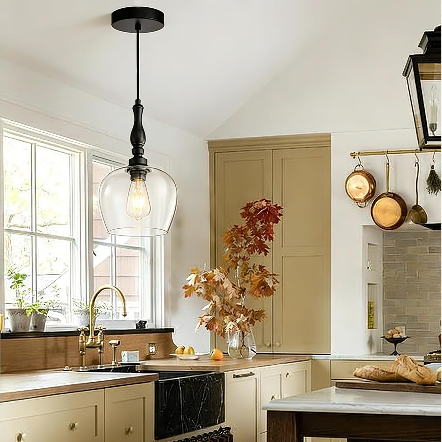 Modern Pendant Light Kitchen Island, Boho Chandelier, 7.87" Bell Shape Hanging Lamp Ceiling Lighting Fixture with Glass Lampshade (Clear)