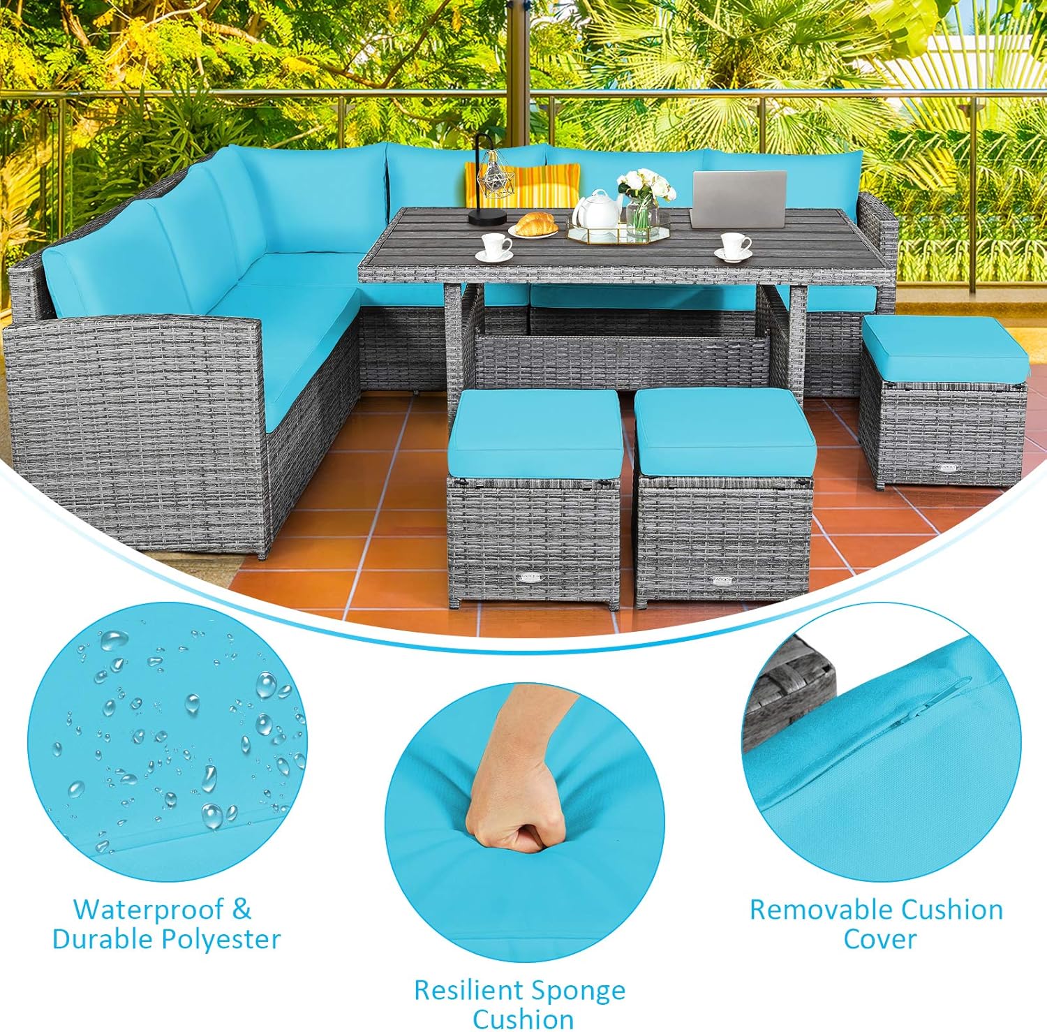 COSTWAY 7 PCS Wicker Outdoor Conversation Set, Patio Sectional Furniture Sofa Set with Table & Seat Cushions, Rattan Furniture Sets for Backyard Garden Poolside Porch, Turquoise