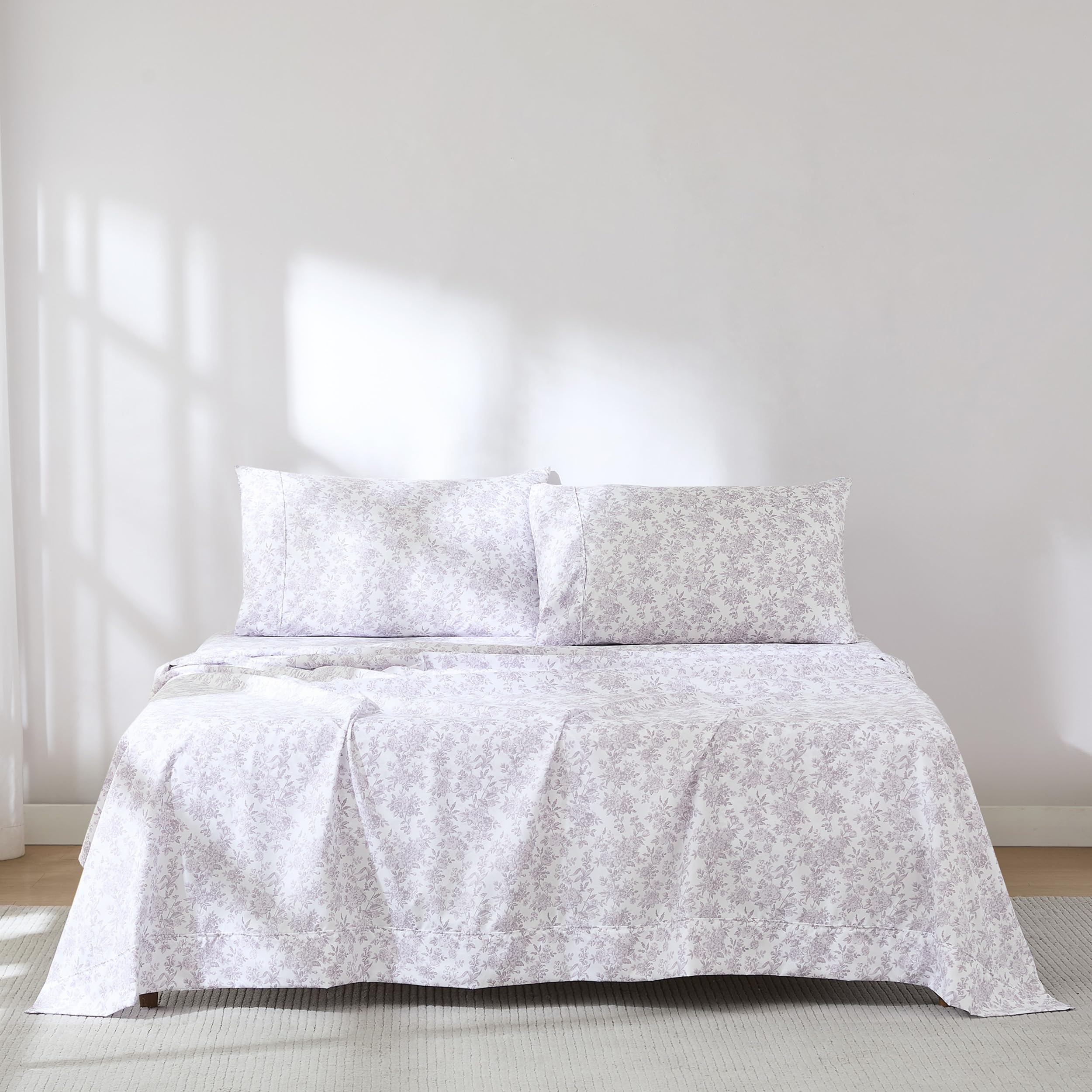 Draps de lit à fleurs qui ne glissent pas : parure 6 pièces grand lit pivoine violette